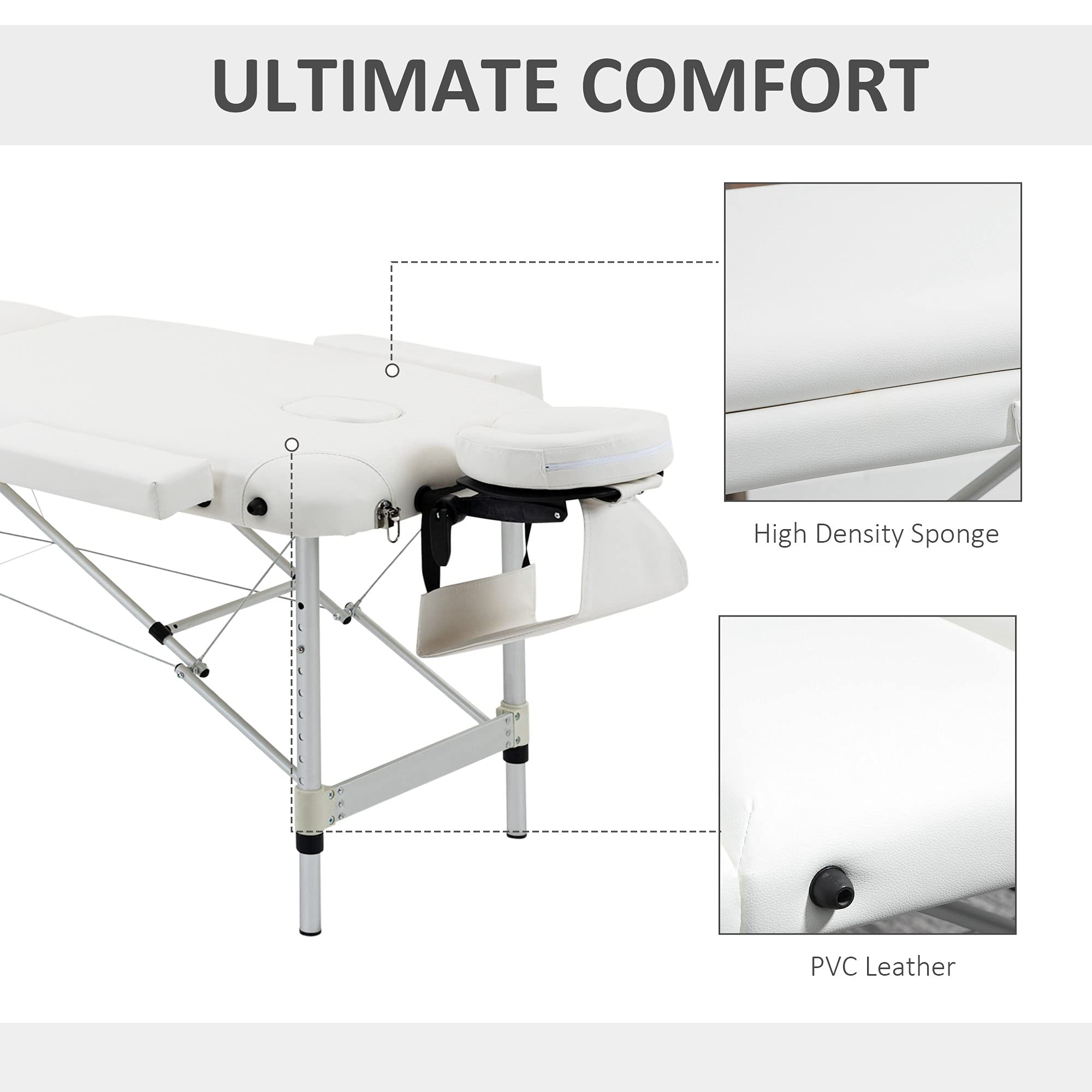 HOMCOM Foldable Massage Table - Professional Salon SPA Facial Couch Bed with Carrying Case, Adjustable Height, White - Perfect for Massage Therapists, Home Spa, and Beauty Salons