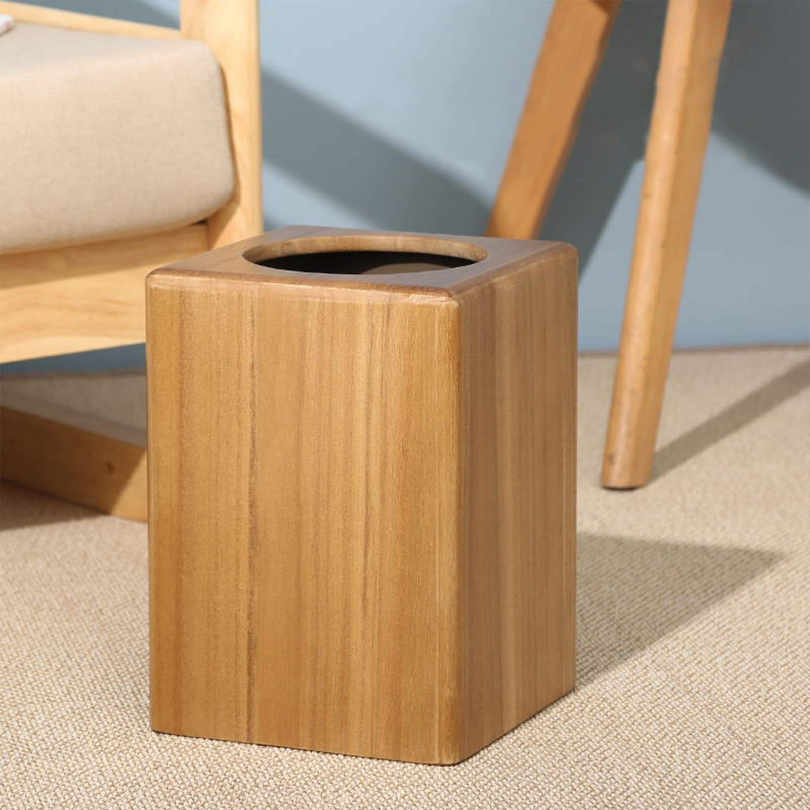 8L Teak Wooden Square Trash Can with Plastic Inner Liner - Stylish Kitchen Garbage Bin for Living Room, Office, Bathroom & Bedroom - Perfect Waste Basket for Home Storage and Organization