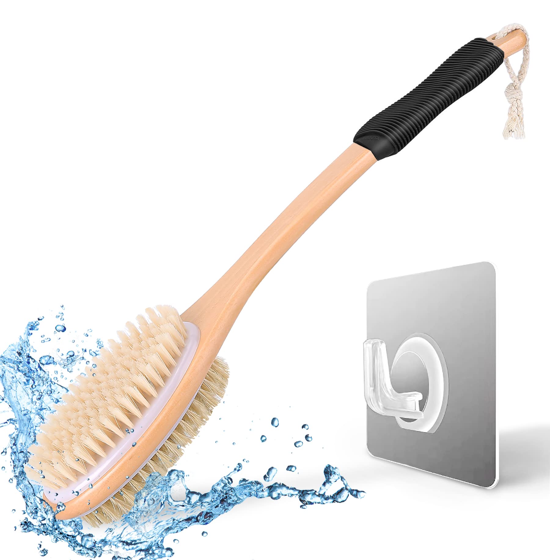 KIPRITII Double-Sided Back Scrubber with Long Handle - Exfoliating Wet & Dry Body Brush for Cellulite, Lymphatic Drainage & Skin Care - Ergonomic Shower Brush for Men & Women (Black) - Perfect for Deep Cleansing, Massage & Spa Relaxation at Home