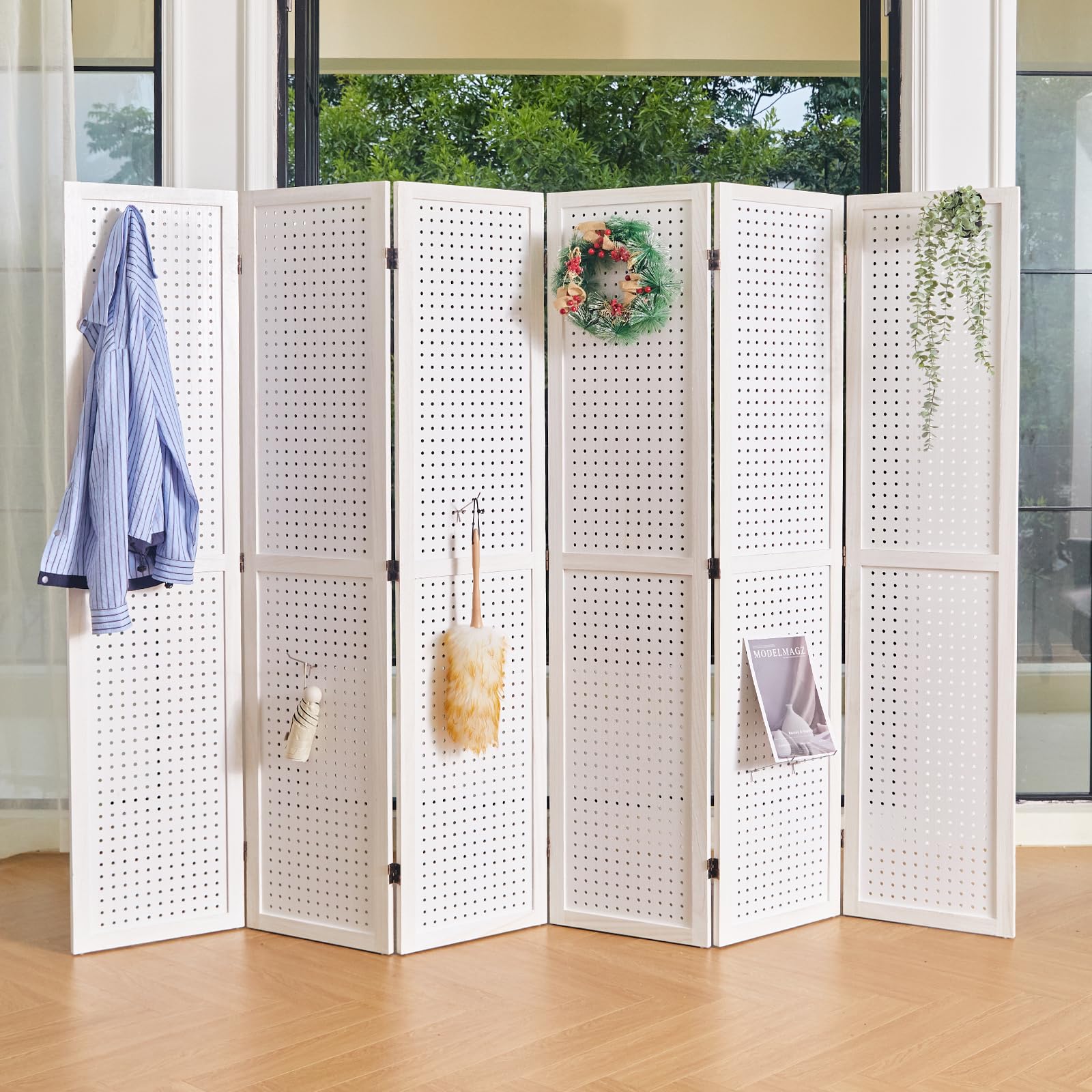 5.6Ft Wooden Room Divider & Pegboard Display - Folding Privacy Screen with 6 Panels, Portable Freestanding Wall Organizer for Retail, Craft & Art Display (White) - Perfect for Home Office, Classroom & Store Organization
