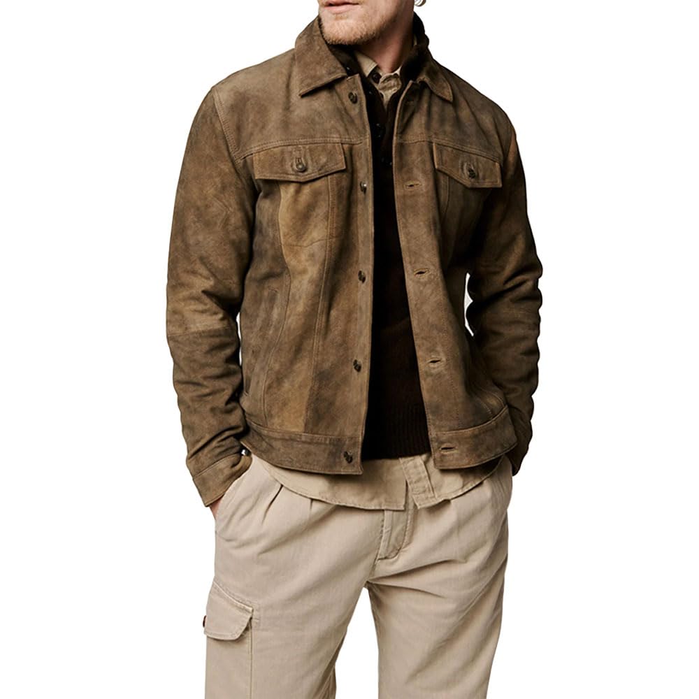 Premium Men's Suede Leather Bomber Jacket - Stylish Trucker Coat for Casual & Night Out | Winter Fashion Outerwear for Men