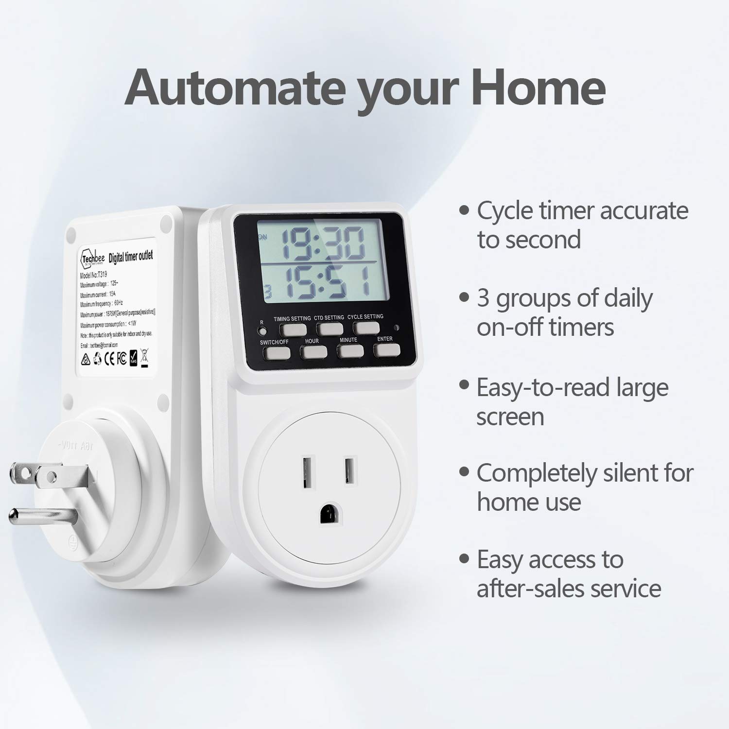 Techbee Digital Programmable Outlet Timer Plug - 24 Hour Countdown, 15A/120V Indoor Electrical Timer Switch with ON/OFF Delay & Repeat Cycle - Perfect for Holiday Lights, Aquariums, and Home Appliances