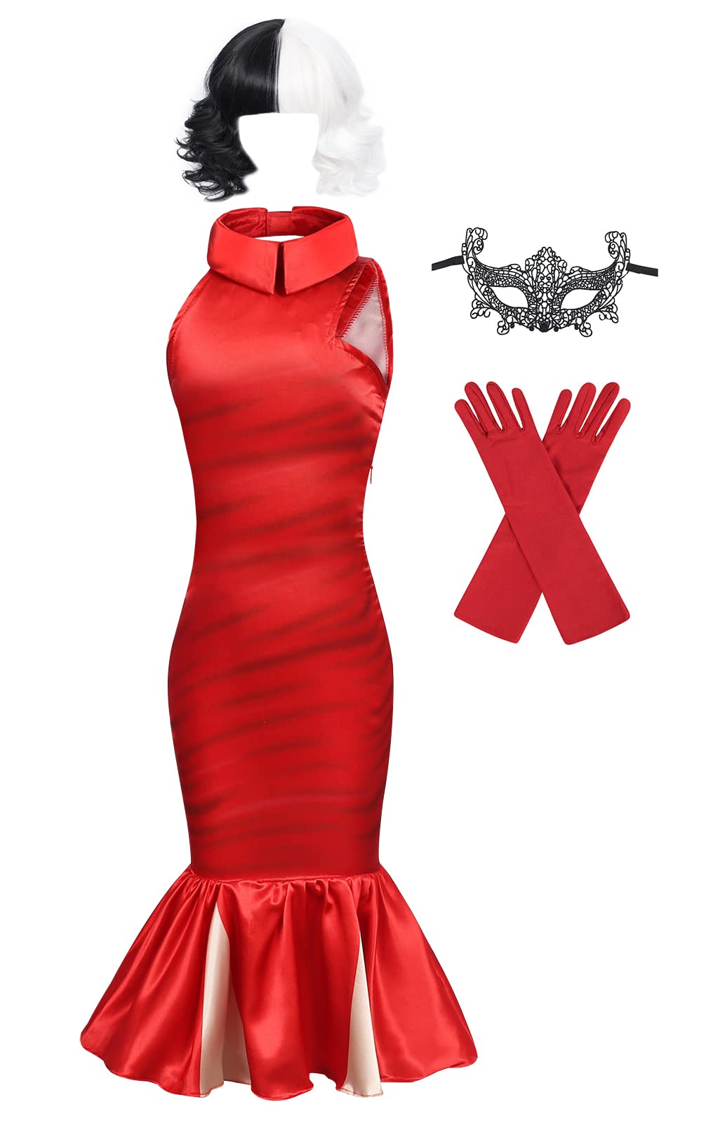 WonderBabe Girls Deville Costume Set - Red Long Dress Halloween Outfit with Black & White Wigs & Mask for Kids Cosplay, Dress Up Parties, Halloween Trick or Treating, Themed Events & Photo Shoots
