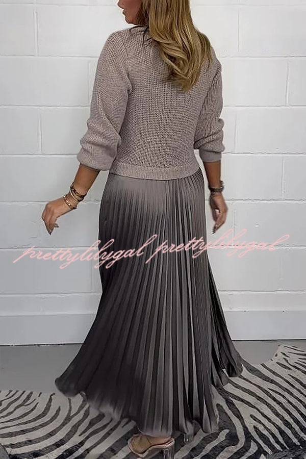 Stylish Knitted Round Neck Long Sleeve Patchwork Pleated Hem Maxi Dress for Women | Elegant Boho Chic Winter Dress | Perfect for Holiday Parties, Date Nights & Casual Outings