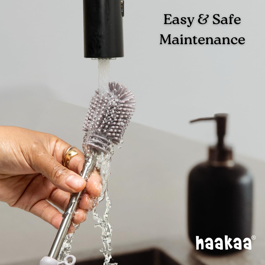 Haakaa Silicone Cleaning Brush Kit - Food-Grade Dishwasher Safe Bottle & Crevice Cleaning Brushes (Grey) - Perfect for Baby Bottles, Water Bottles, Kitchen Utensils & Hard-to-Reach Areas