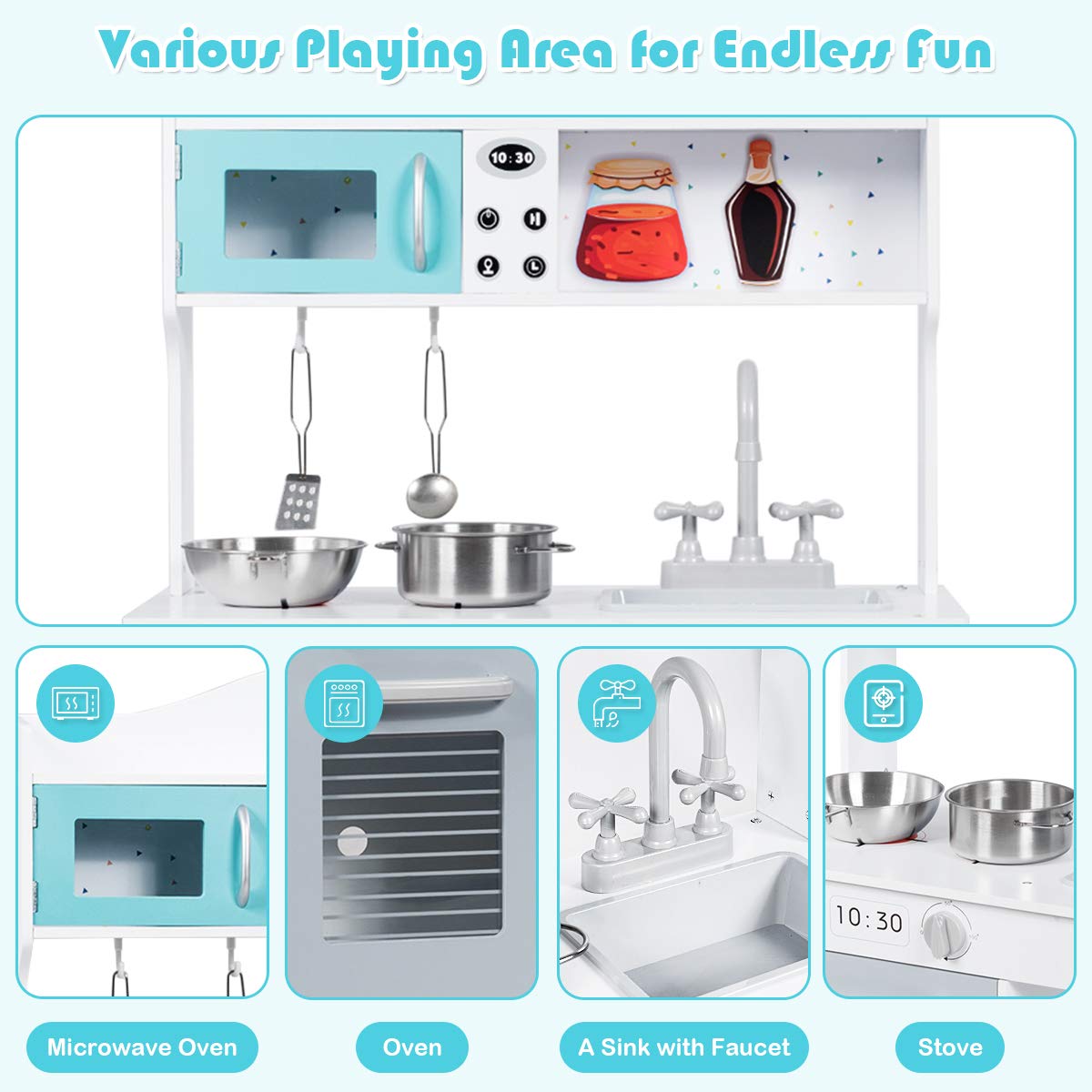 Costzon Wooden Play Kitchen Set for Kids - Pretend Play Cooking Toy with Sink, Oven, Microwave & Stove - Includes Pots, Utensils, Shelf & Cabinets - Great Gift for Toddlers Boys & Girls (Modern Style) - Perfect for Home Playroom, Preschool Learning & Birthday Gifts