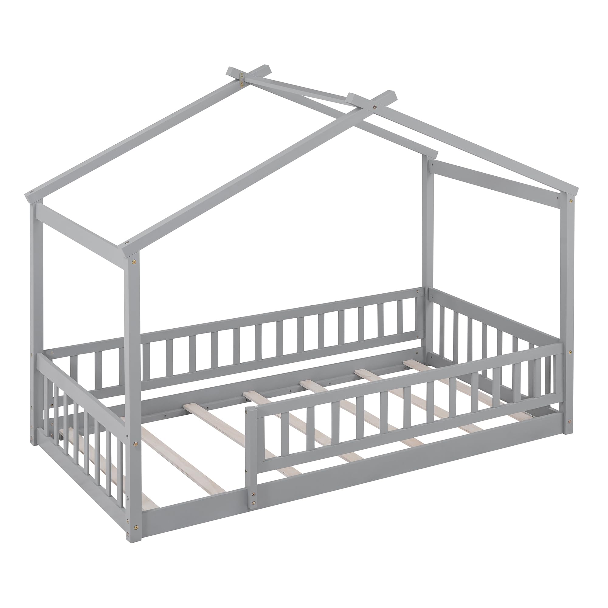 Montessori Twin Size House Bed with Fence Railings - Solid Wood Floor Bed Frame for Kids, Playhouse Bed for Boys & Girls in Gray - Perfect for Bedrooms, Playrooms & Montessori Learning Spaces