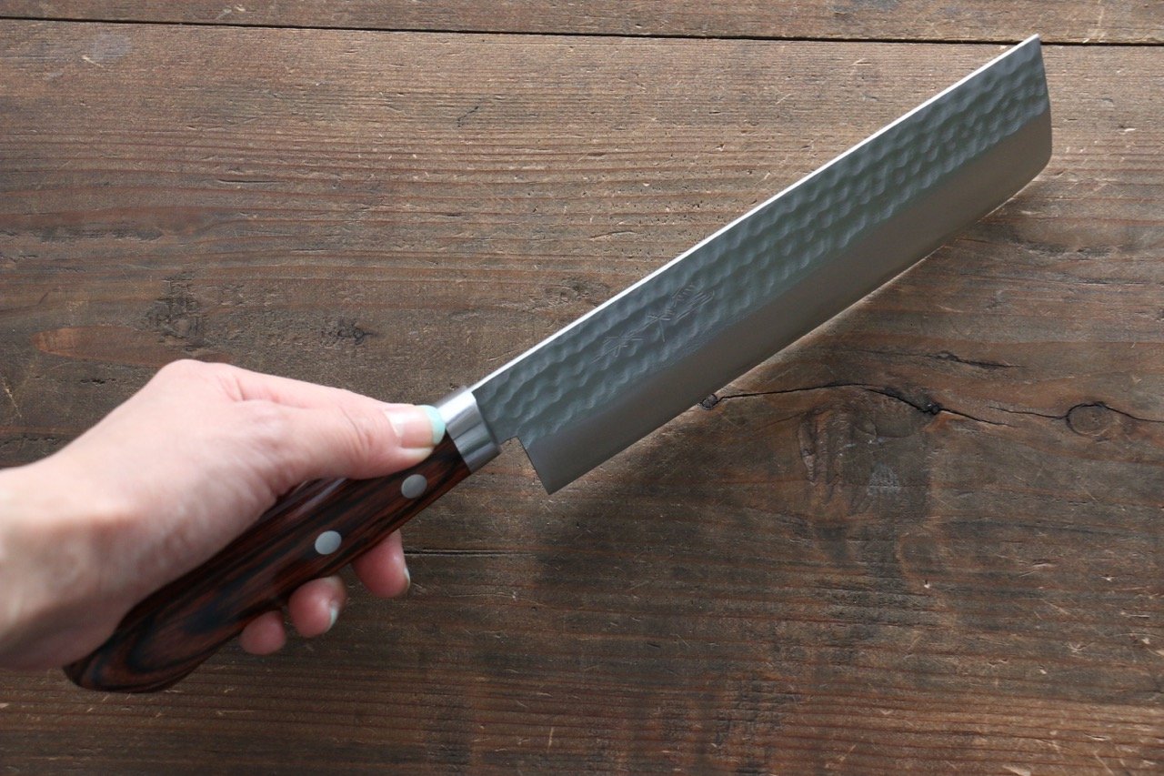Kunihira VG1 Hammered Usuba Japanese Kitchen Knife 165mm with Mahogany Handle - Professional Chef Knife for Slicing Vegetables and Sushi Preparation