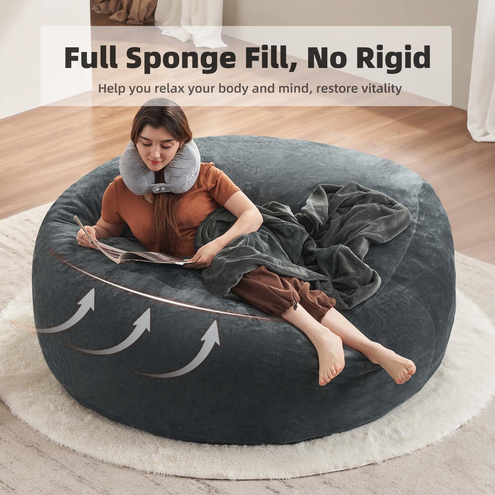 5FT Oversized Memory Foam Bean Bag Chair with Filler Included - Giant Plush Lounge Chair for Living Room, Bedroom & College Dorm - Perfect for Relaxing, Reading & Gaming (Dark Grey)