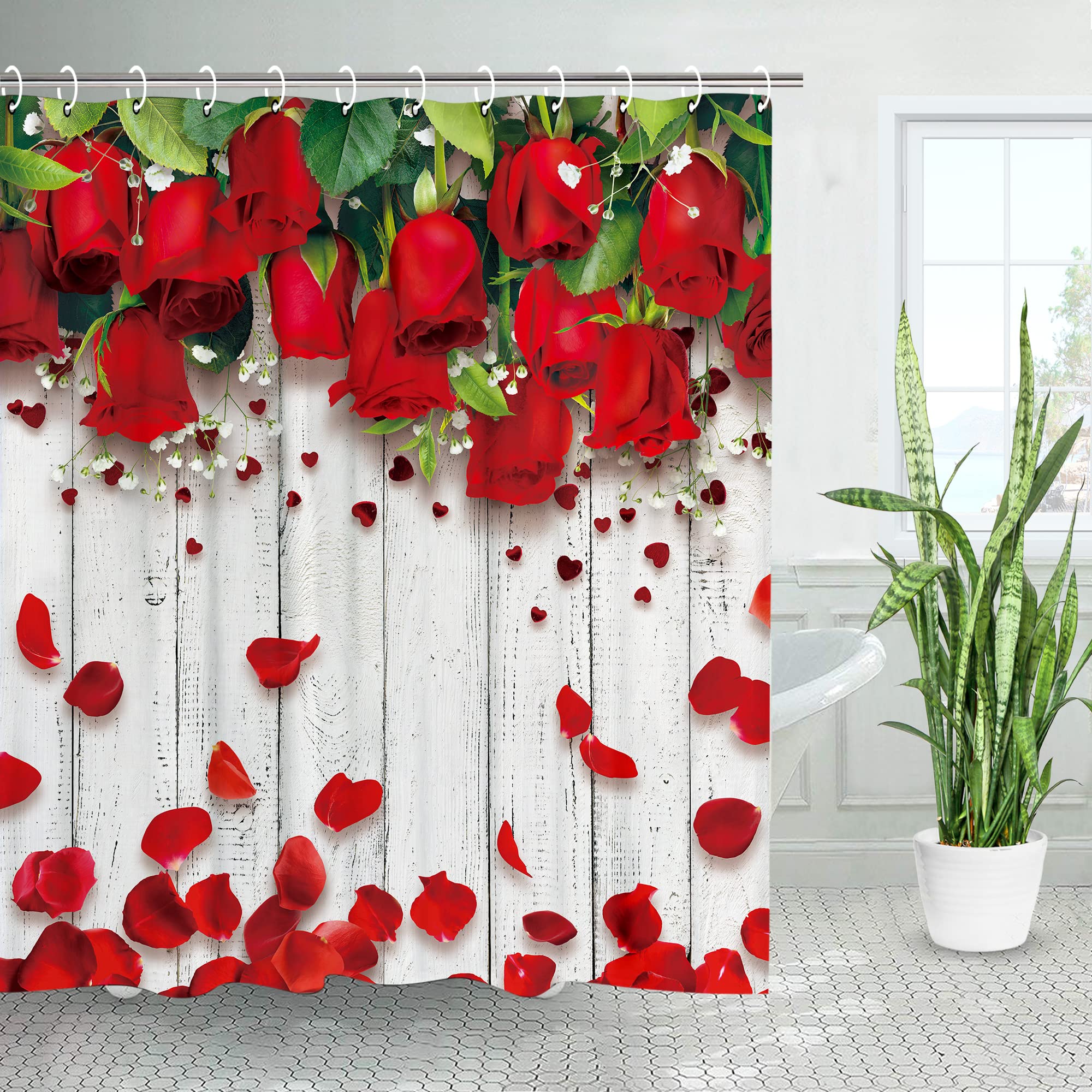 Red Rose Shower Curtain Set with 12 Hooks - Waterproof Floral Bathroom Decor for Valentine's Day - 72x78 Inches - Perfect for Romantic Bathrooms & Gift Ideas
