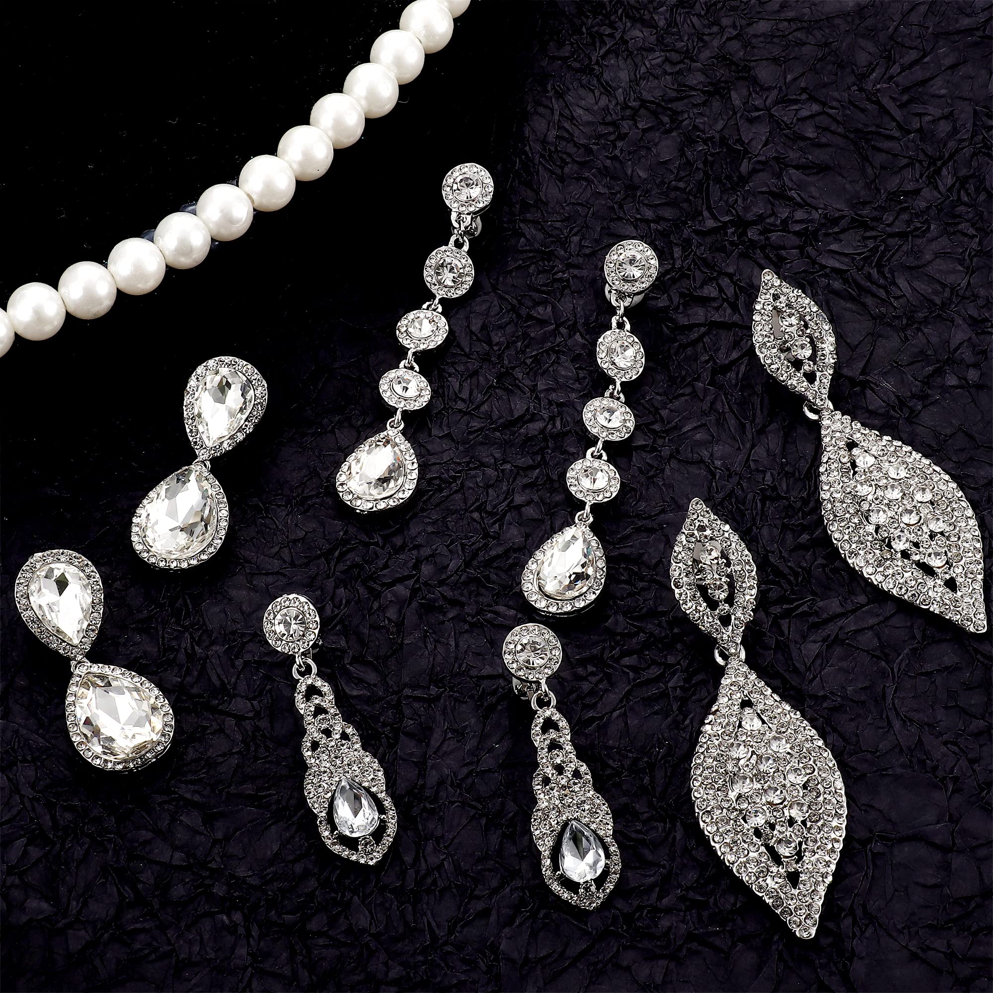 Elegant Silver Teardrop Clip On Earrings for Women - 4 Pairs Rhinestone Crystal Wedding Earrings Set - Non Pierced Dangle Earrings for Bride & Bridesmaid - Perfect for Weddings, Parties & Special Occasions