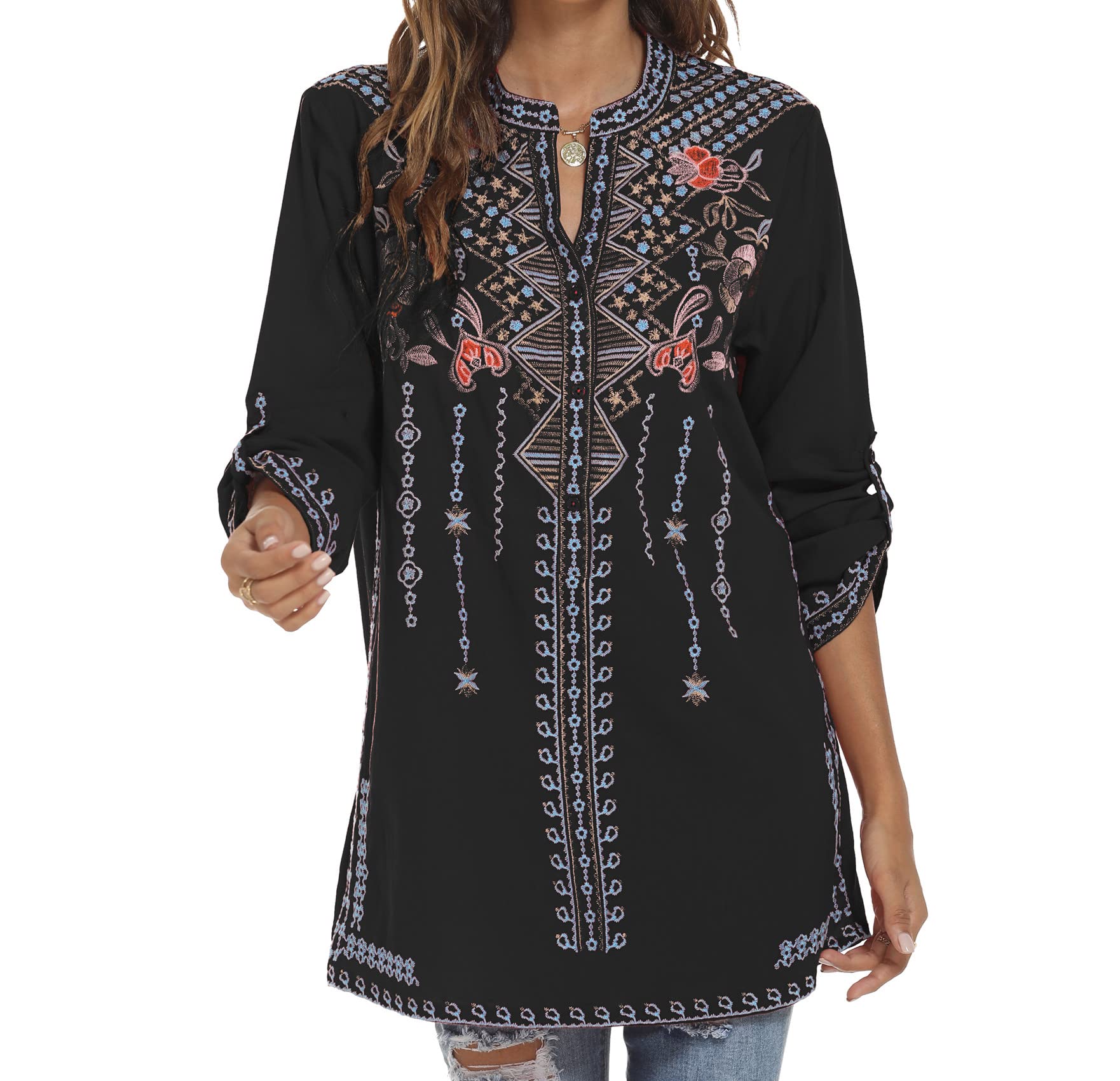 LauraKlein Mexican Embroidered Cotton Tunic Tops for Women - Loose Casual & Work Blouse | Perfect for Boho Style, Beach Outfits & Office Wear