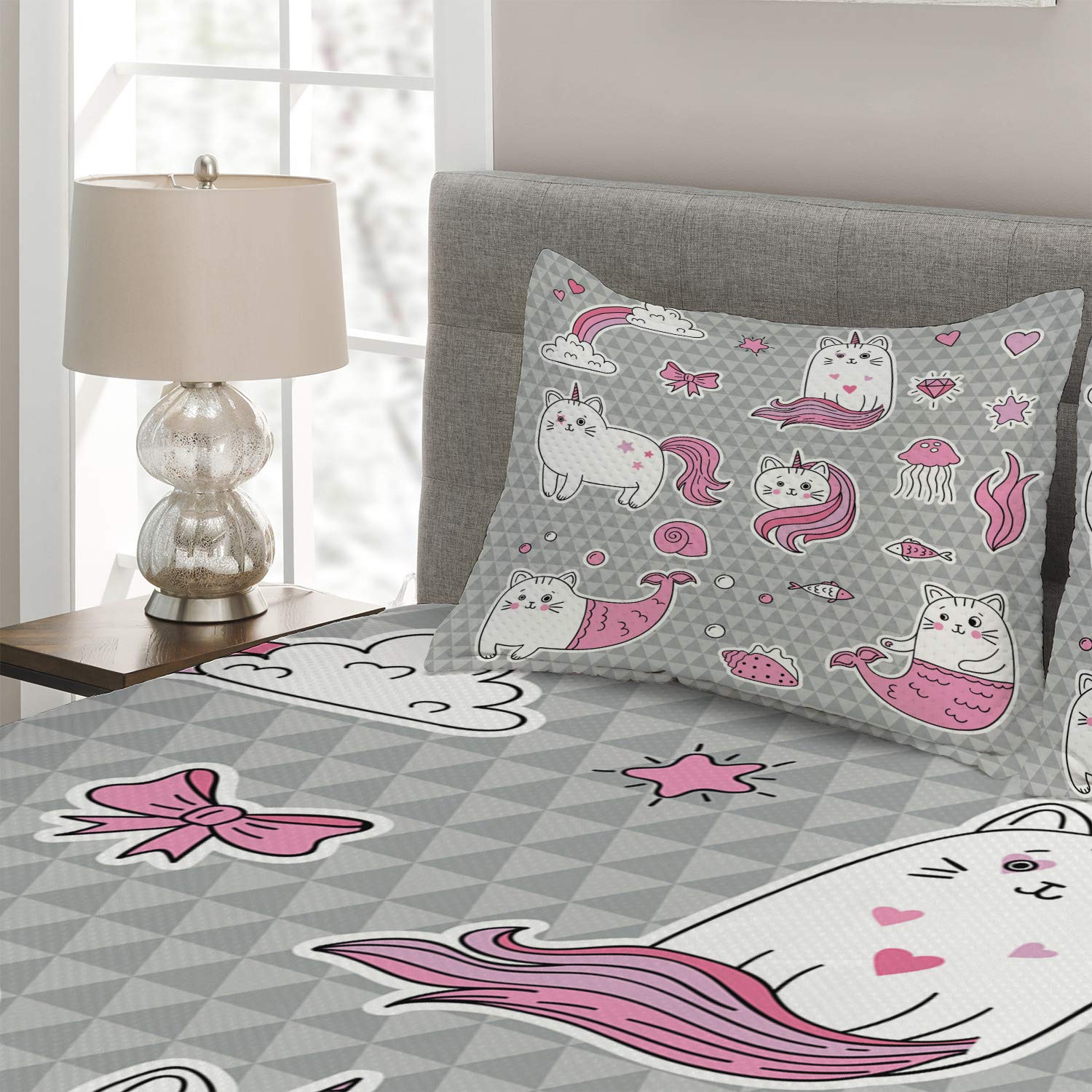 Ambesonne Unicorn Cat 3-Piece Quilted Bedspread Set with 2 Pillow Shams - King Size Grey Pale Pink White - Underwater Fantasy Theme with Cats, Unicorns & Mermaids - Perfect for Kids' Bedrooms, Guest Rooms & Themed Decor