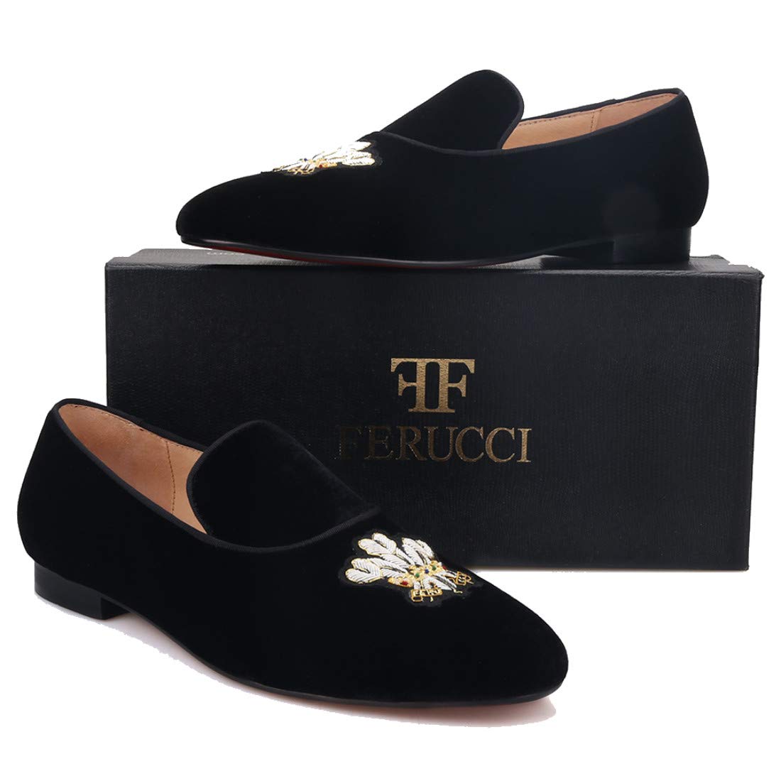 FERUCCI Black Velvet Loafers for Women - Embroidered Formal Slip-On Shoes - Comfortable Flats for Wedding, Prom, Party & Office Wear - Elegant Evening & Special Occasion Footwear