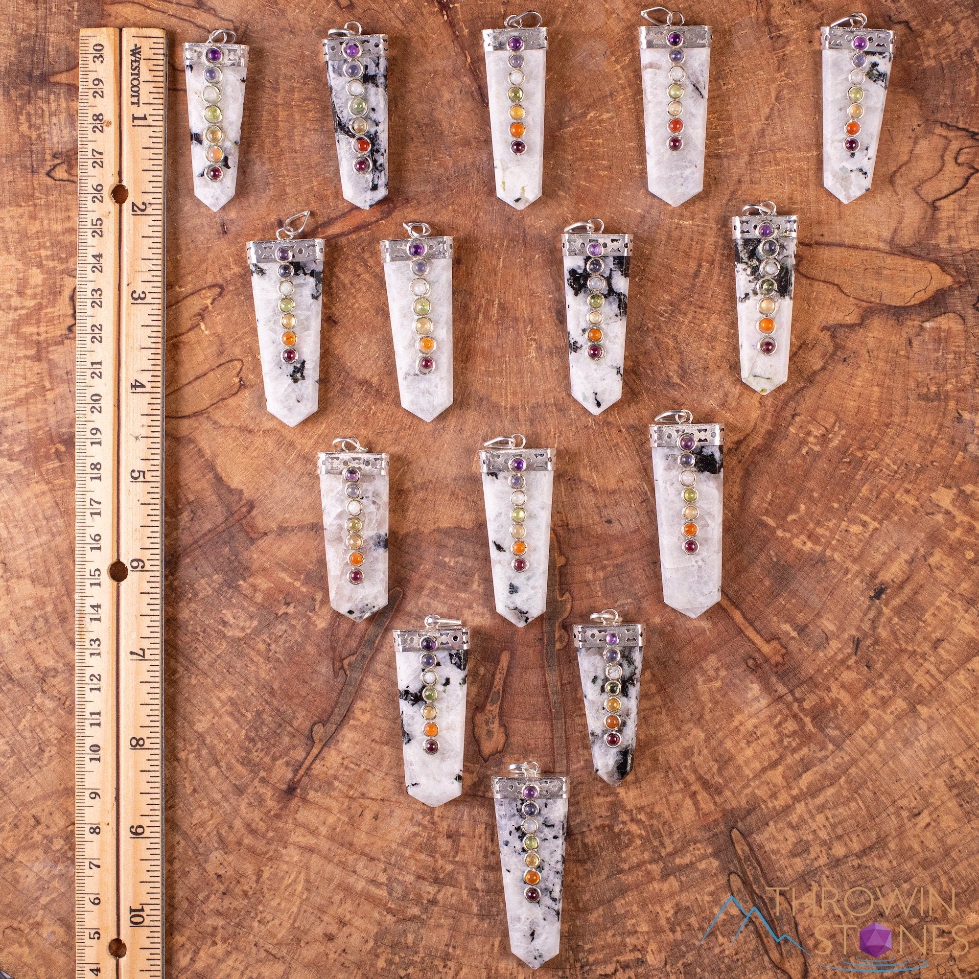 Handmade Chakra & Rainbow Moonstone Crystal Pendant with Crystal Points - Natural Healing Stones for Meditation, Energy Balancing & Spiritual Jewelry - Perfect for Yoga, Reiki & Gift Giving
