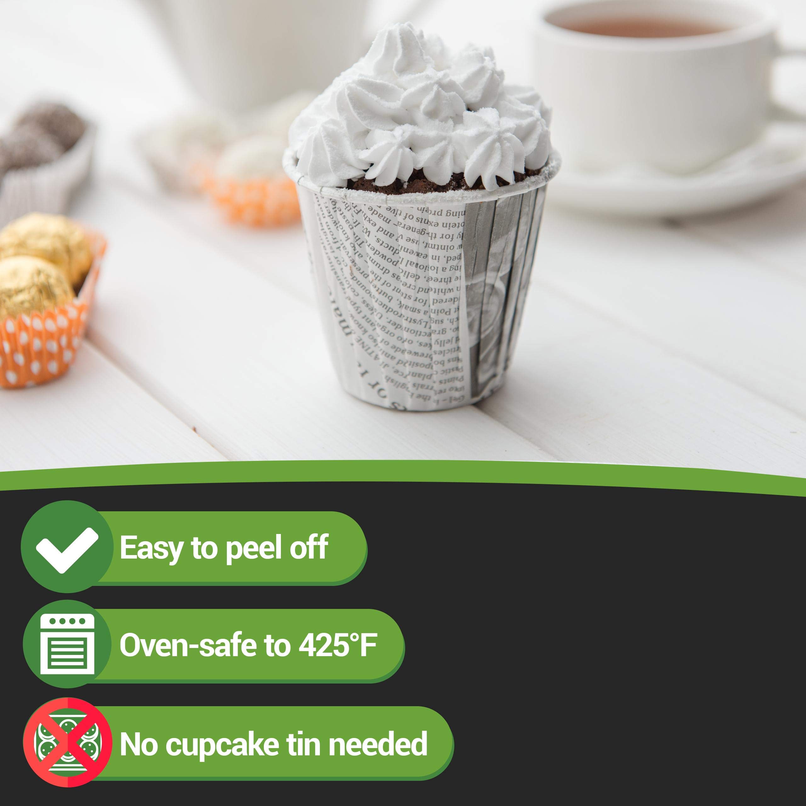 Restaurantware Panificio 3.5 Ounce Baking Cups - 200 Count Pleated Cupcake Liners | Oven-Safe, Freezer-Safe Black & White Paper Muffin Wrappers | Disposable Newsprint Design for Wedding Parties, Baby Showers & Birthday Celebrations | Perfect for Baking, Dessert Displays & Party Favors