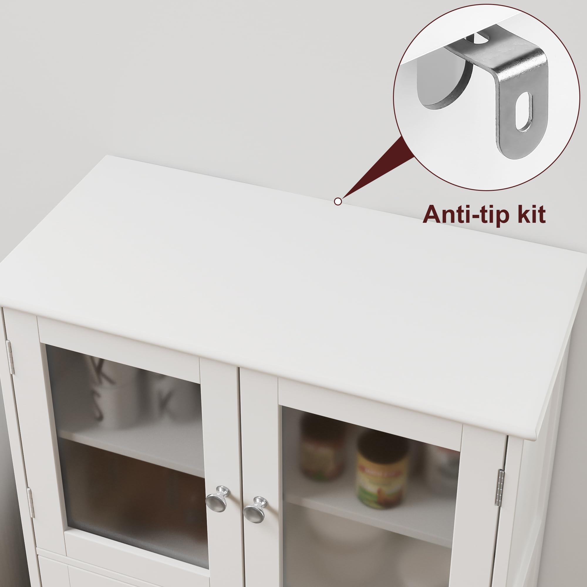 White Freestanding Bathroom Storage Cabinet with Adjustable Shelves & Glass Doors - Modern Floor Cabinet for Bathroom, Living Room & Home Office Organization