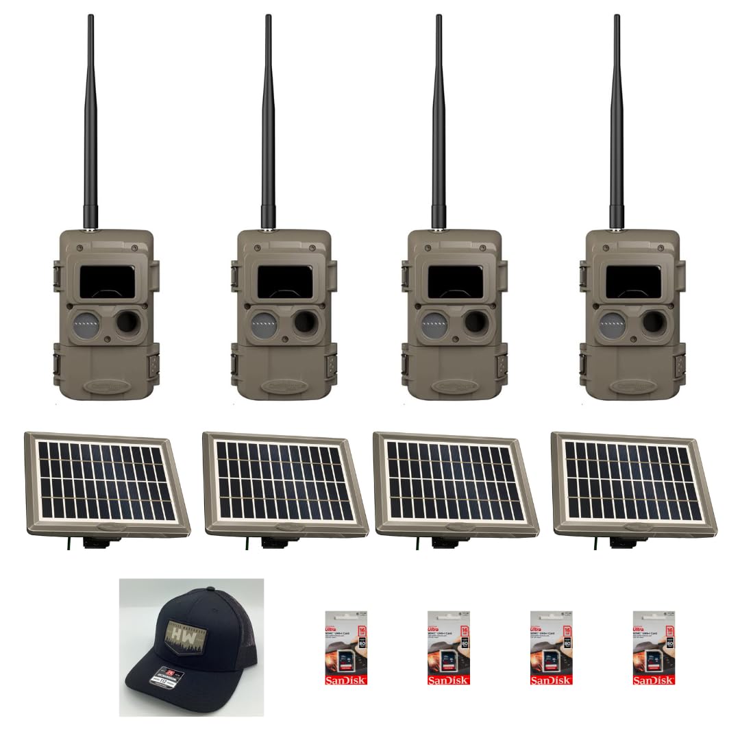 Cuddeback L Series 4 Long Range IR Trail Cameras with Solar Power Banks (4 PW-3600 Models) - Includes 16GB SD Cards & Hunter's Hat - Perfect for Wildlife Monitoring, Hunting, and Outdoor Security Surveillance