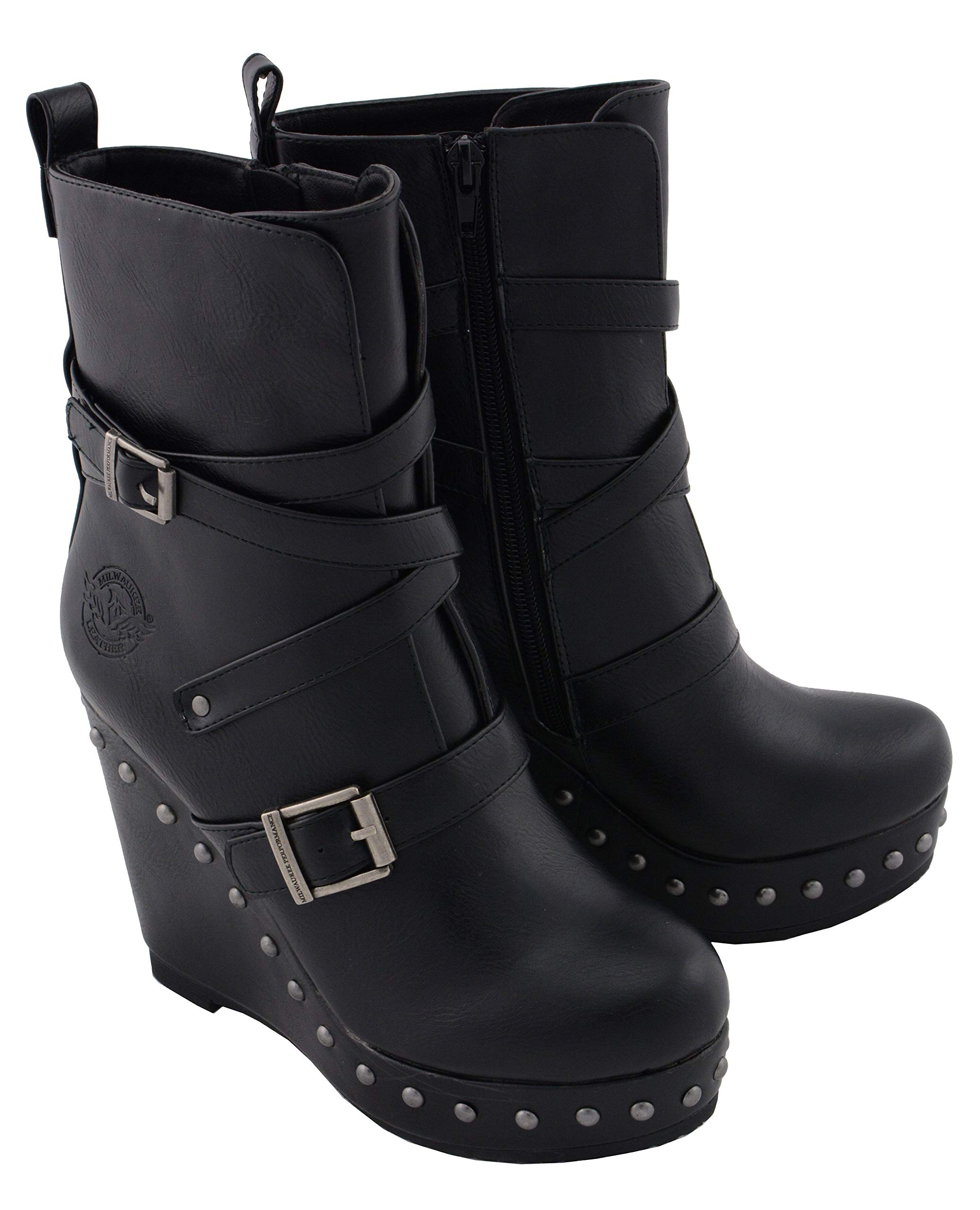 Milwaukee Performance MBL9437 Women's Black Triple Strap Platform Wedge Boots - Comfortable & Stylish for Work, Outdoor & Casual Wear