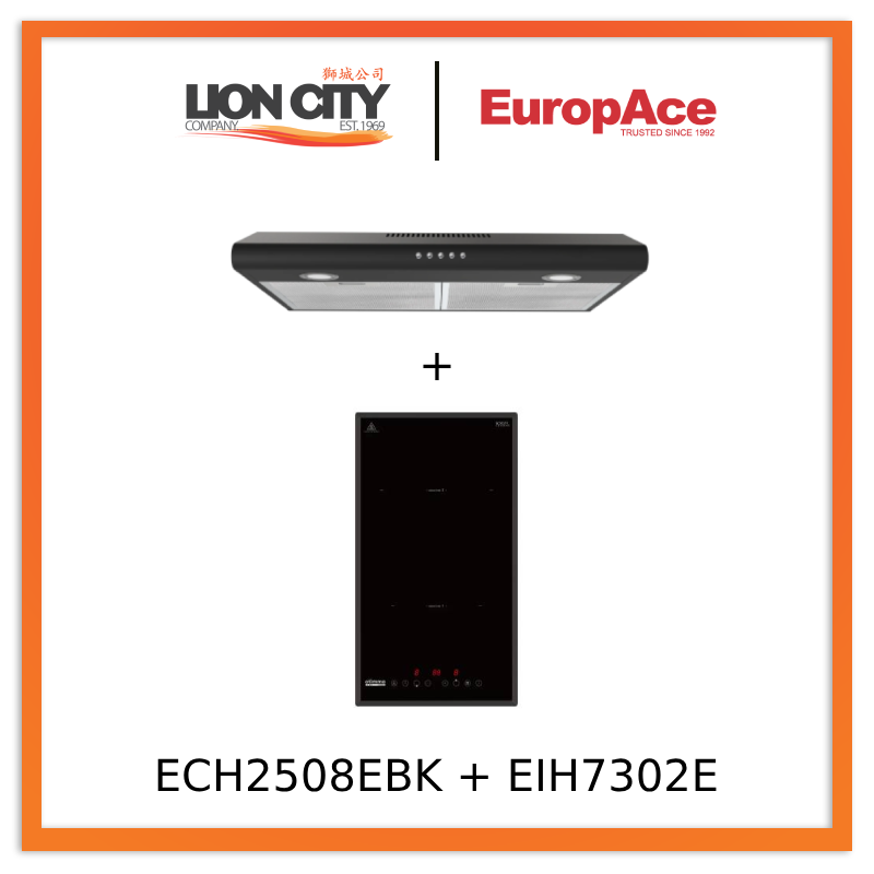 Europace ECH2508EBK 60cm Slimline Range Hood & EIH7302E 30cm Domino Induction Cooktop - Modern Kitchen Ventilation & Cooking Solution for Small Spaces