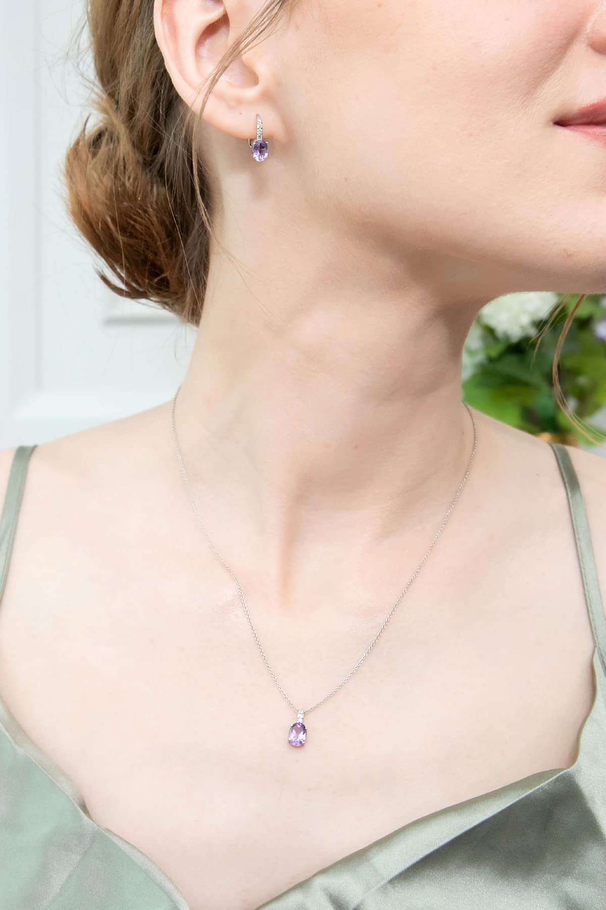 Elegant Sterling Silver Jewelry Set for Women - Oval Dainty Necklace & Drop Earrings with Genuine Synthetic Birthstone | Perfect Gift for Birthday, Anniversary & Special Occasions | Trendy Pendant Necklace & Huggie Earrings Set for Everyday Wear or Formal Events