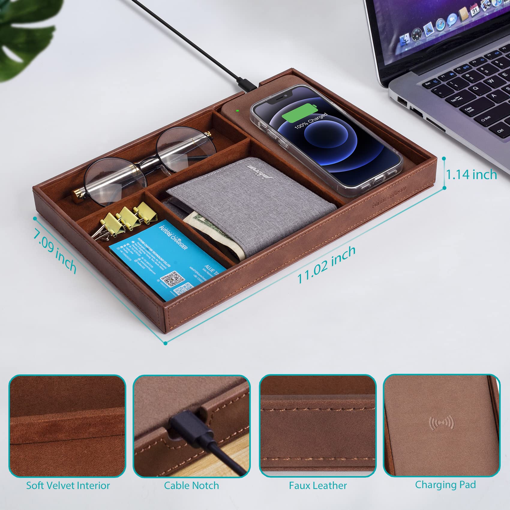 Wireless Charging Valet Tray - Genuine Faux Leather Nightstand Organizer for Men | Catch All Tray for Keys, Wallet, Watch, Coins & Phone | Perfect for Entryway, Bedside Table & Office Desk (Brown)