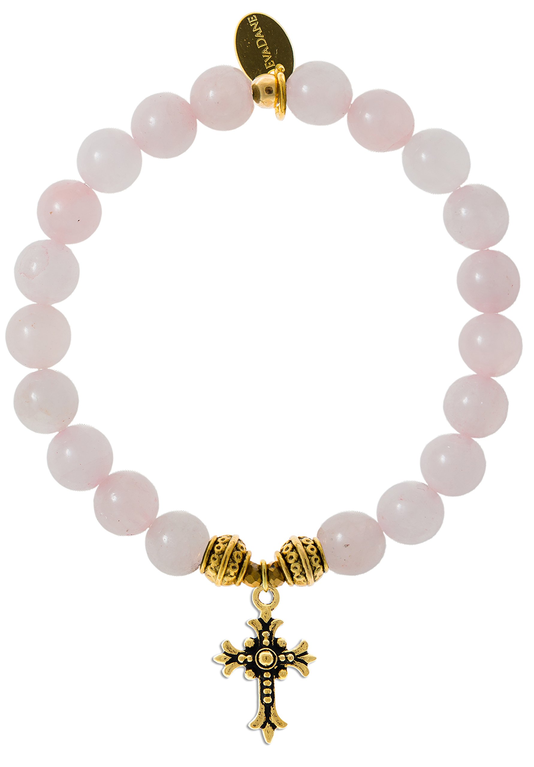 Natural Rose Quartz Gemstone Tibetan Bead Cross Charm Stretch Bracelet for Women - Healing Crystal Spiritual Jewelry for Meditation, Yoga & Positive Energy