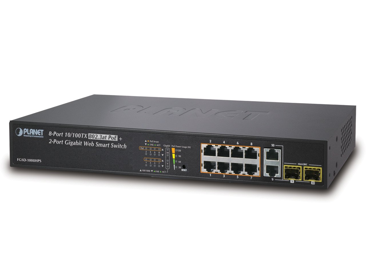 FGSD-1008HPS 8-Port 10/100TX 802.3at High Power PoE + 2-Port Gigabit TP/SFP Combo Web Smart Ethernet Switch (120W) - Ideal for IP Cameras, VoIP Phones, and Wireless Access Points in Offices, Homes, and Small Businesses