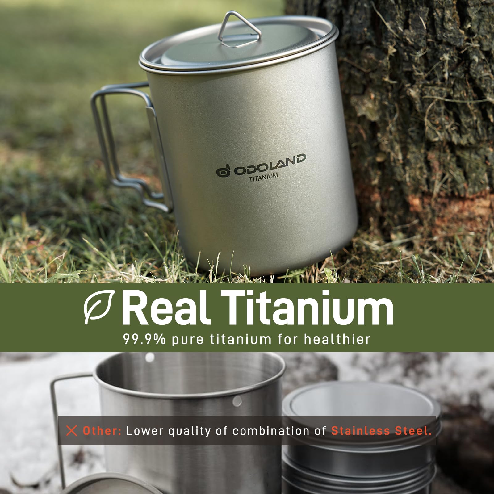 Odoland 750ML Titanium Camping Cookware Set - Lightweight Titanium Pot with Portable Camping Stove & Spork - Perfect for Backpacking, Hiking, Travel, Picnics & Outdoor Adventures