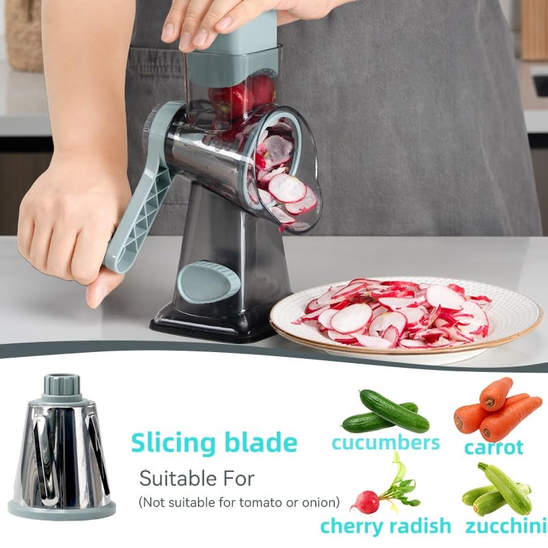 Rotary Cheese Grater with Handle - 3 Interchangeable Blades for Shredding Cheese, Vegetables, Nuts & Chocolate - Perfect for Kitchen, Salad Prep & Baking Needs