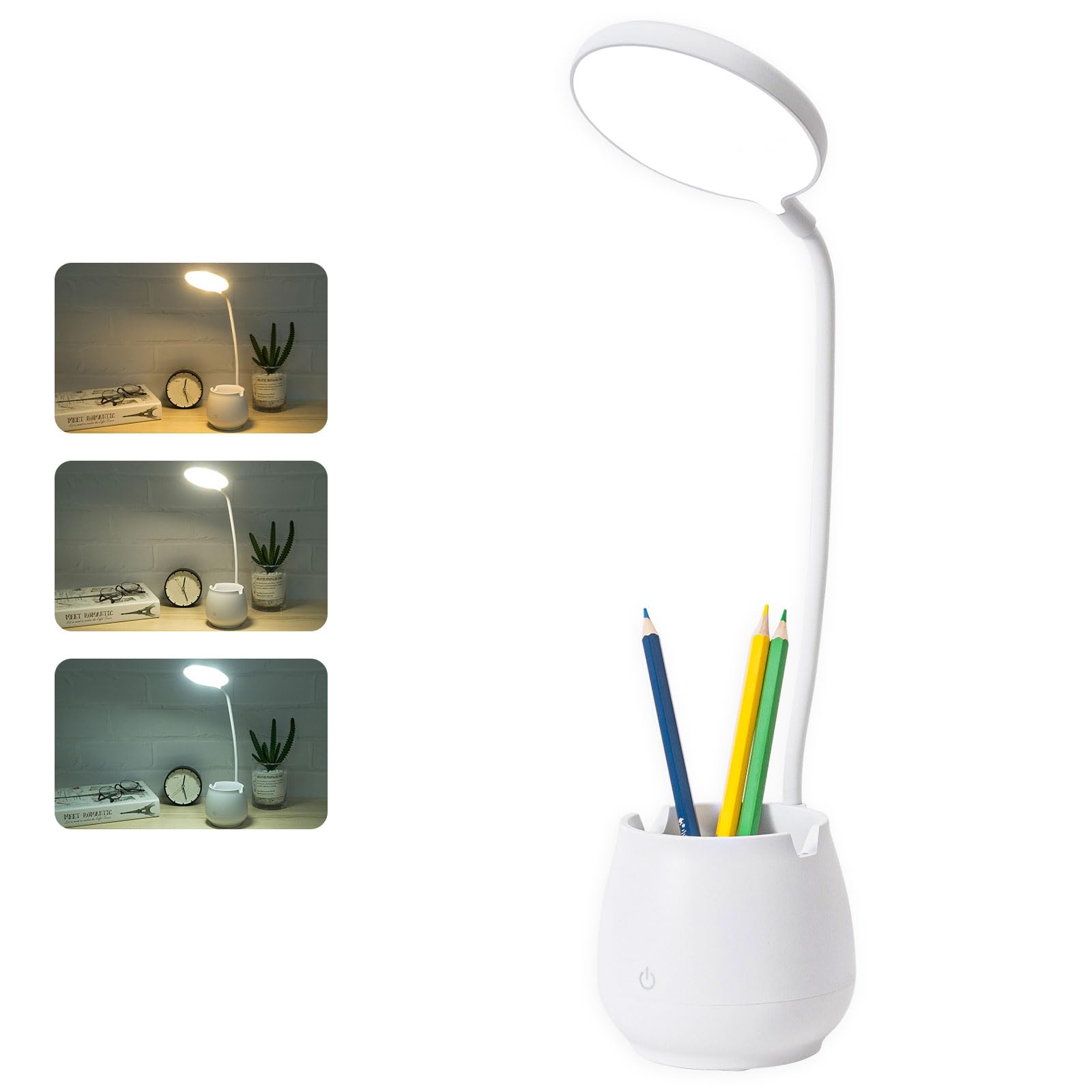 LISTOCASA Touch Control Desk Lamp - 3 Color Modes, Dimmable LED Table Light with Flexible Gooseneck & Phone/Pen Holder | Eye-Caring Study Lamp for Home Office, Dorm Room & Bedroom Reading (White)