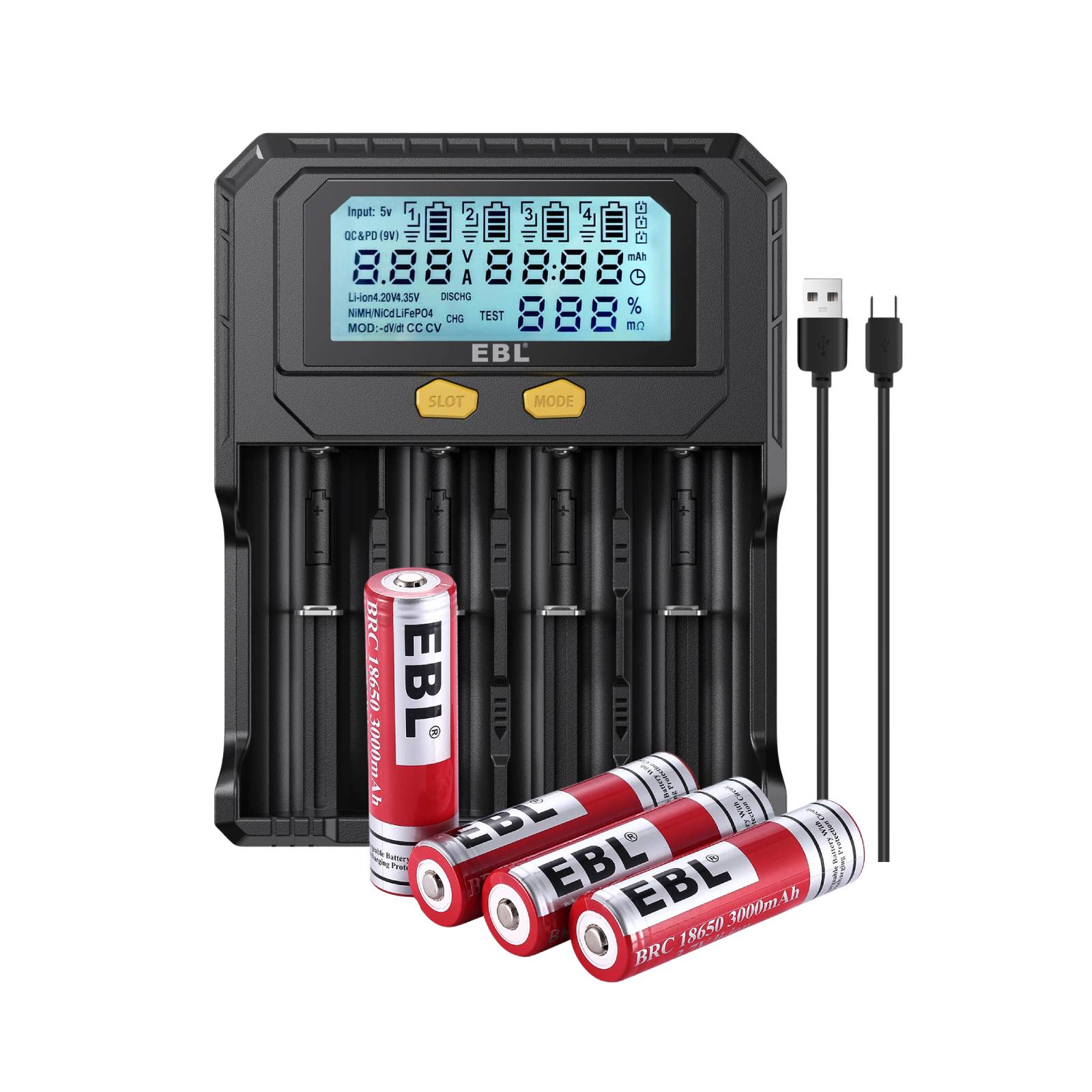 EBL PD4 Universal Battery Charger for 18650 Li-ion Batteries - Fast Charging, LCD Display - Perfect for Flashlights, Vapes, and Electronic Devices