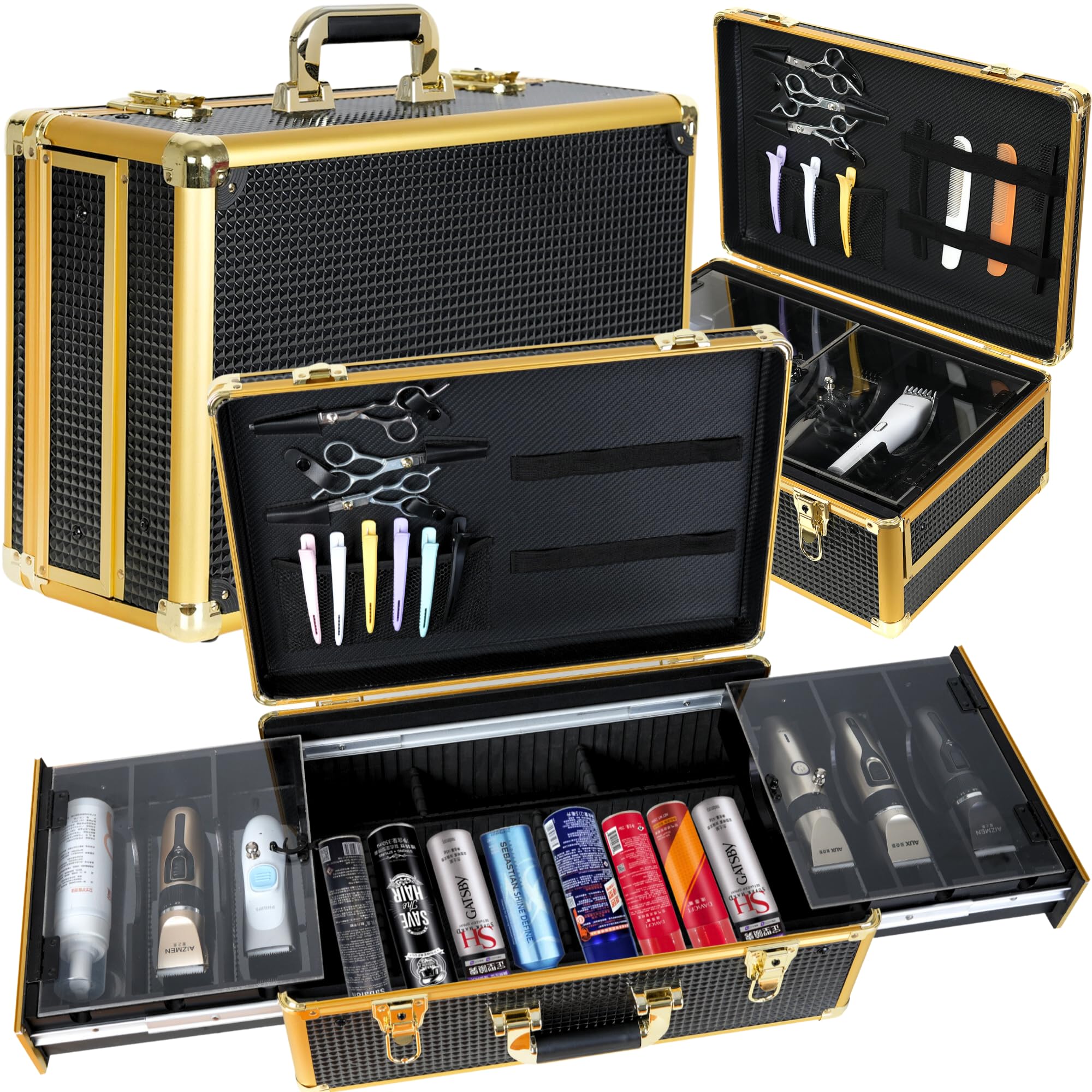 Professional Barber Case Organizer - Large Travel Tool Box for Clippers & Styling Supplies - Luxury Gold & Black Hairdresser Carrying Case - Perfect for Salon Professionals & Mobile Stylists
