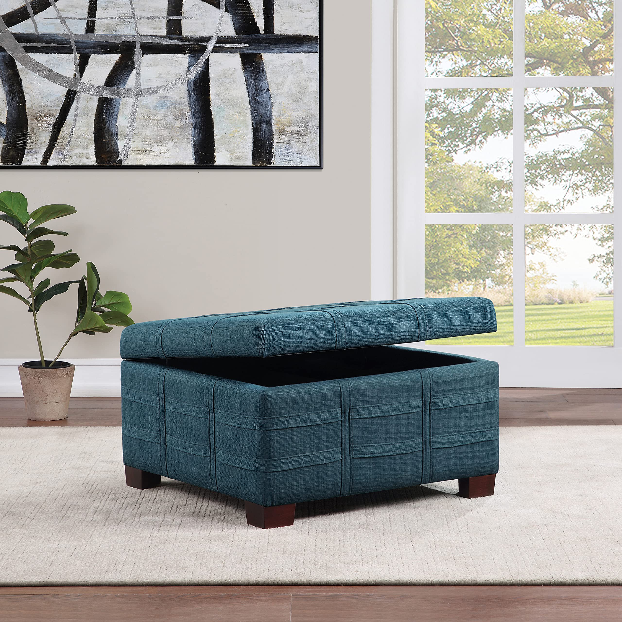 OSP Home Furnishings Detour Strap Square Storage Ottoman with Sliding Tray & Hinged Lid - Azure Fabric Upholstered Footrest Bench for Living Room, Bedroom & Home Decor