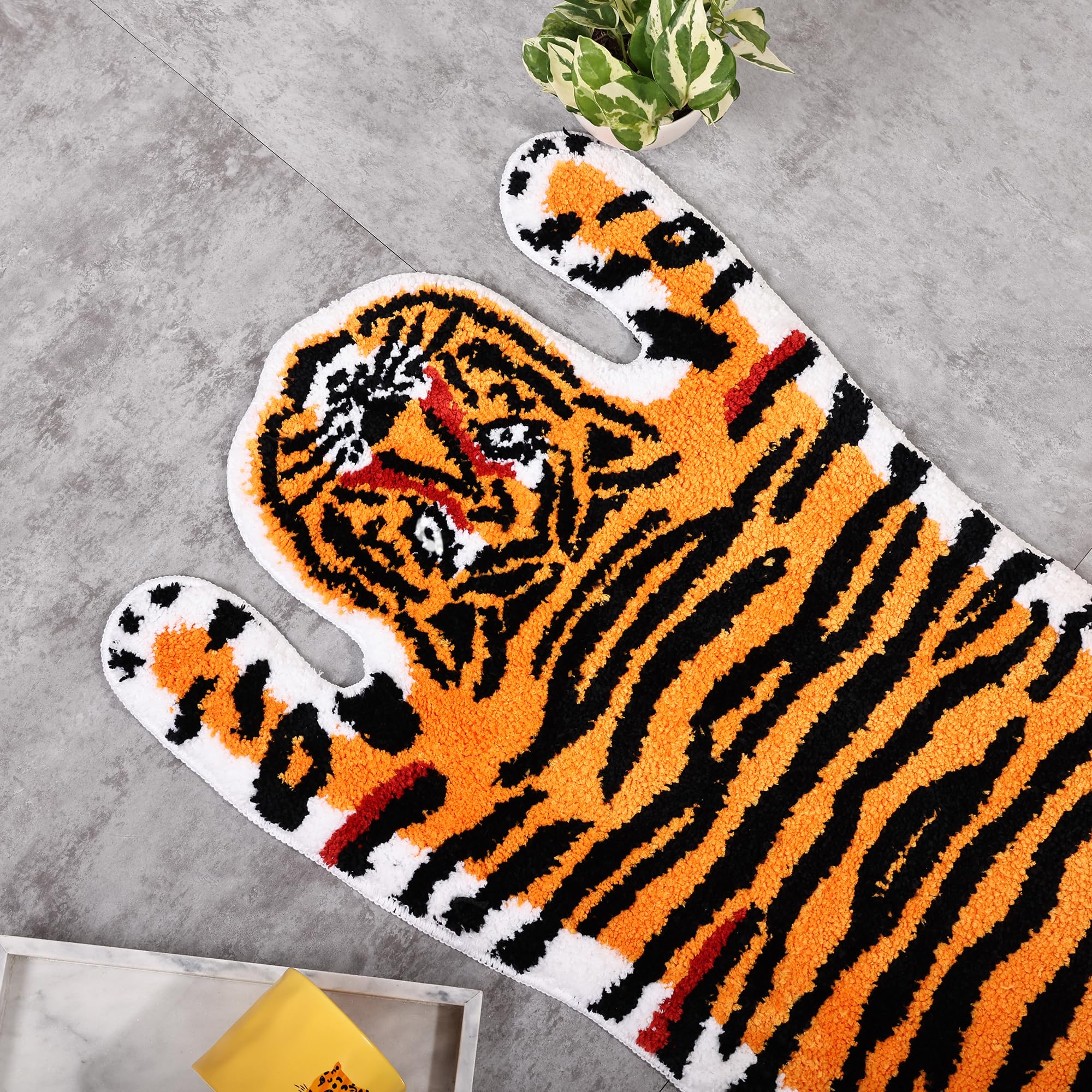 Panstar Non-Slip Tiger Bath Mat - Super Absorbent Plush Cartoon Animal Shaped Bathroom Rug for Kids & Adults, Soft Orange Yellow Tiger Design - Perfect for Bathroom, Shower, and Bathtub Safety
