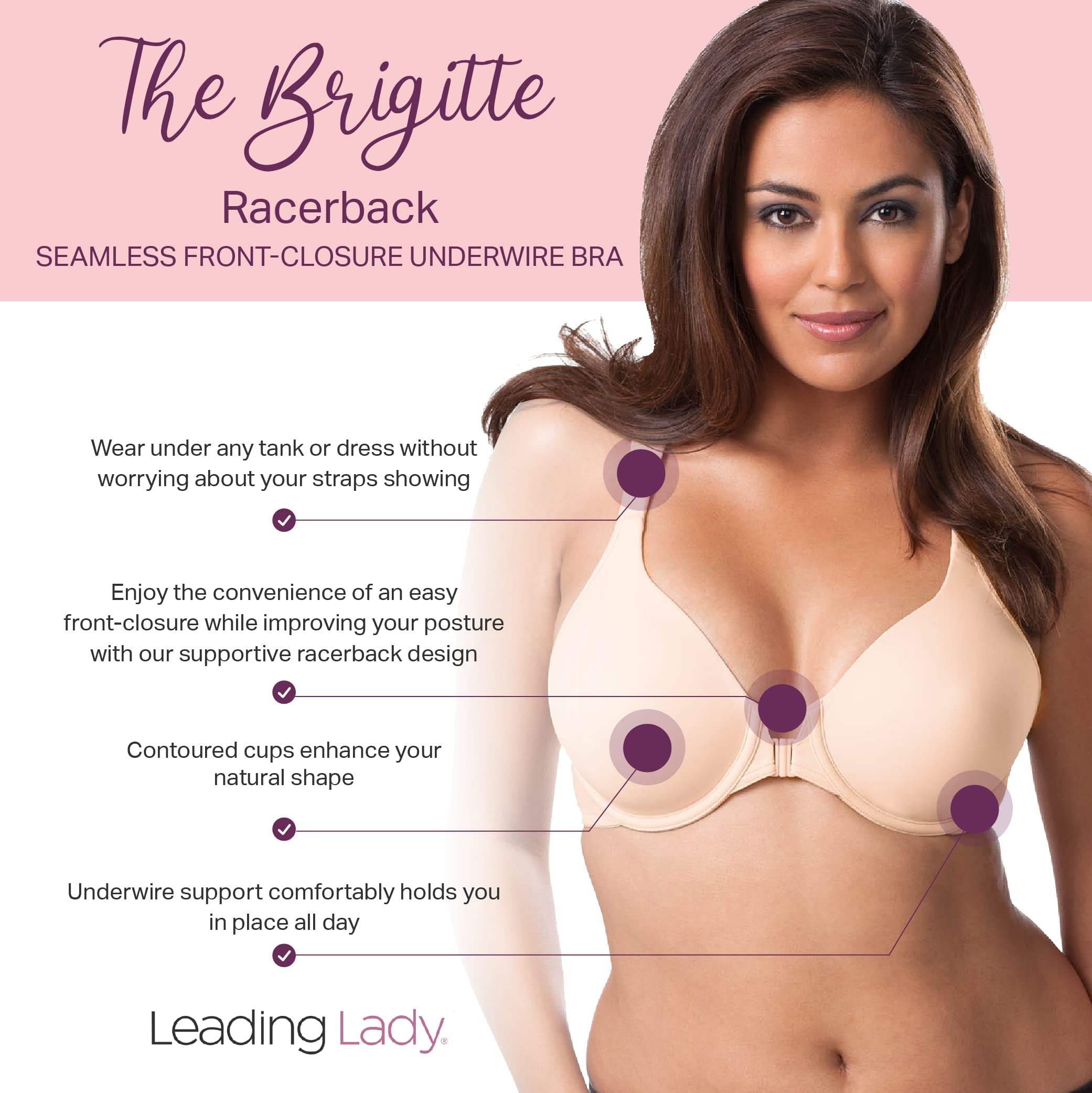 LEADING LADY Brigitte Racerback Front-Closure Bra - Molded, Padded, Seamless T-Shirt Bra for Women | Plus Size Support | Perfect for Yoga, Workouts & Everyday Comfort