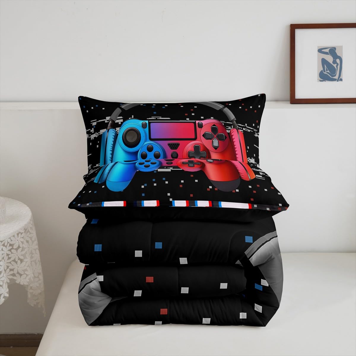 Erosebridal Girls & Boys Gaming Comforter Set - Full Size Toddler Bedding with Red & Blue Design | Perfect for Kids' Rooms, Gaming Themed Bedrooms & Sleepovers