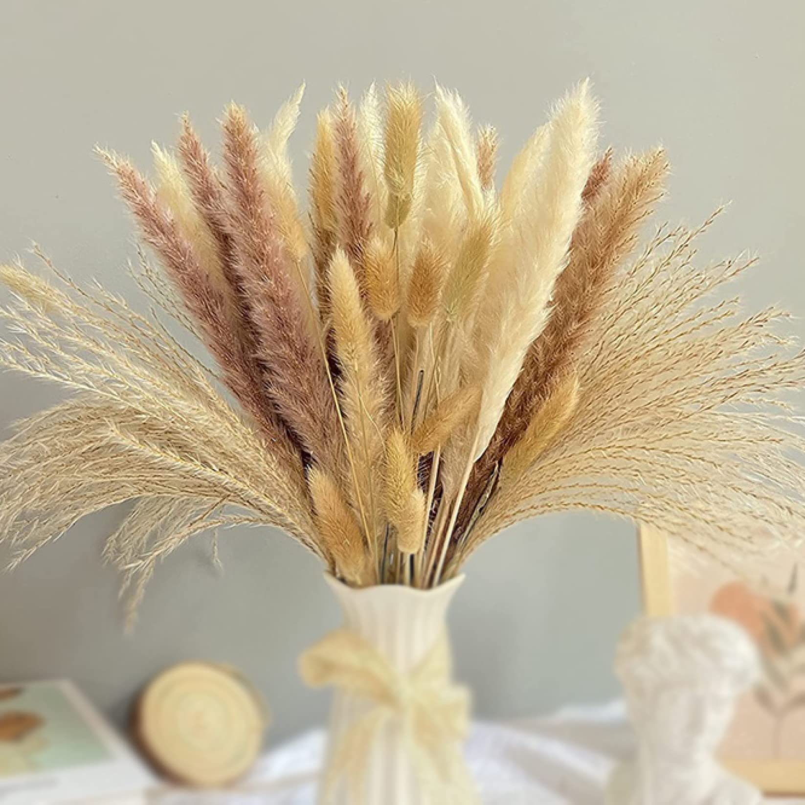 65 Pcs Natural Dried Pampas Grass Bouquet - Boho Wedding Decor, Home Vase Filler, Table Centerpiece for Kitchen, Yard & Indoor Boho Decorations | Perfect for Wedding, Party & Home Styling