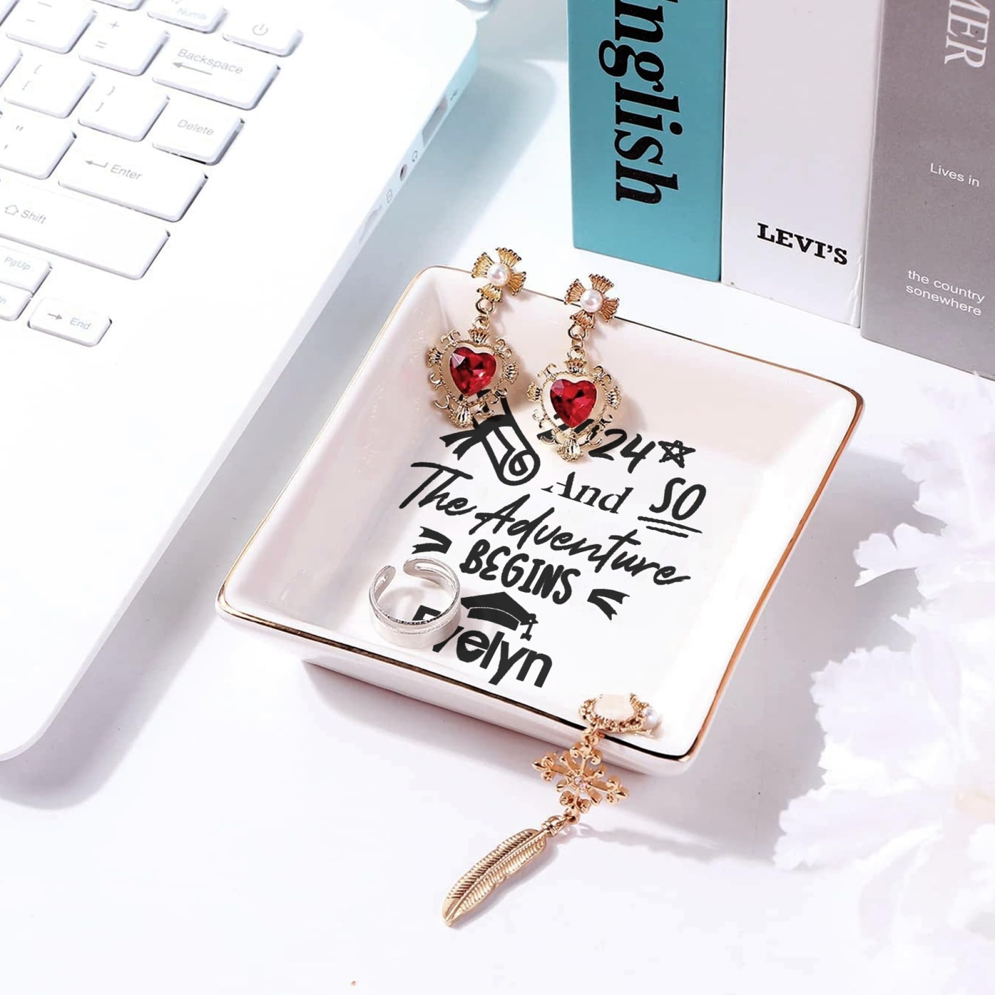 Personalized Graduation Gift for Women - Custom Engraved Ceramic Ring Dish with Inspirational Quote, Class of 2024 College & High School Graduation Present for Her - Perfect Jewelry Tray for Dorm Room, Bedside Table or Vanity Decor