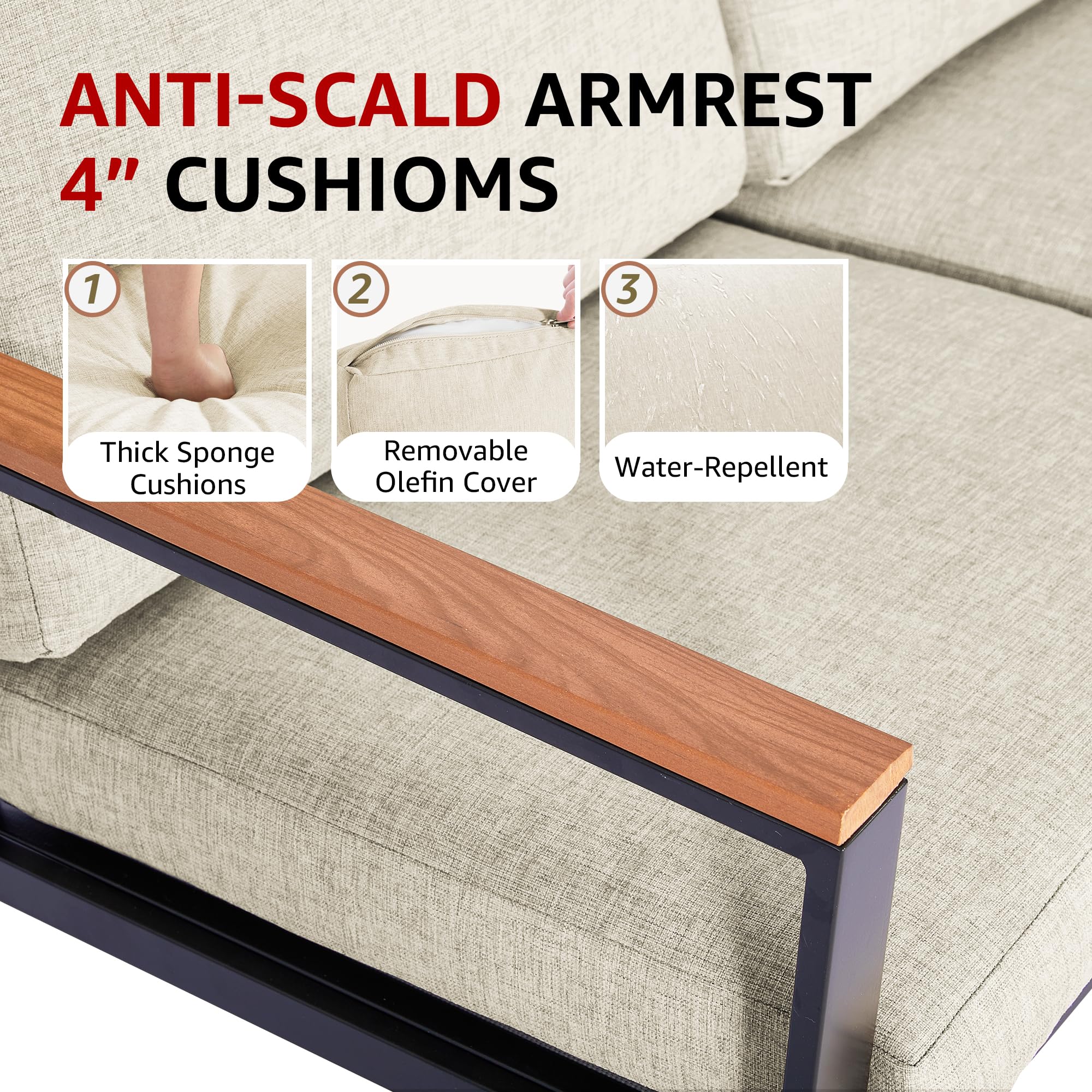 4-Piece Patio Furniture Set - Metal Outdoor Sectional Conversation Set with Wooden Anti-Scald Armrests & Sling Mesh - Includes 4