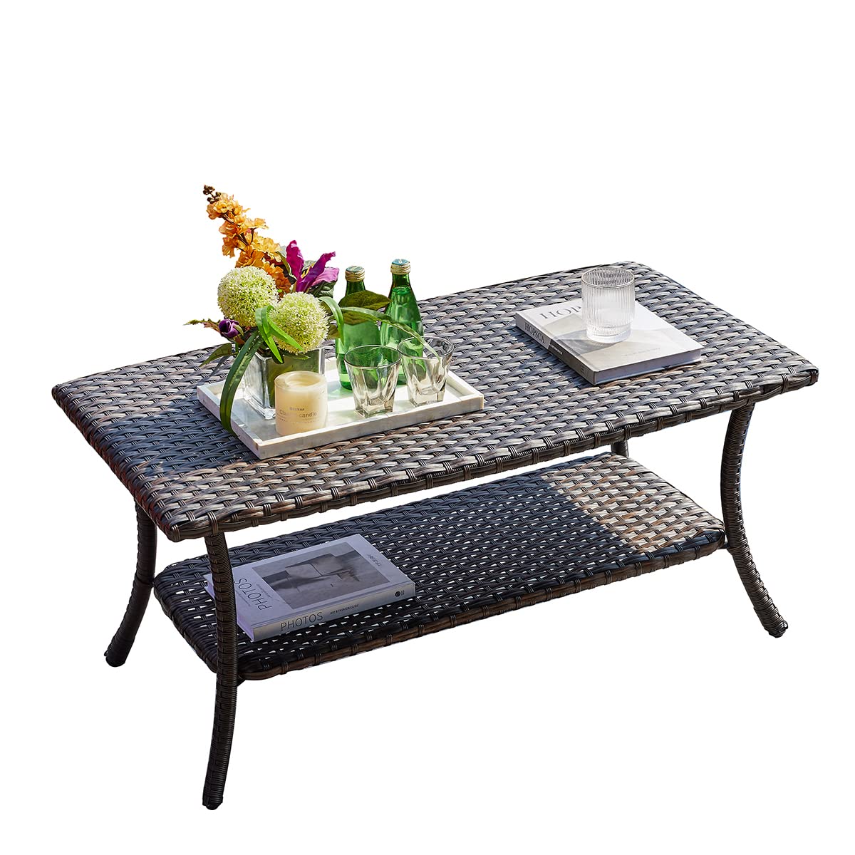 HUMMUH Wicker Patio Coffee Table - Rattan Outdoor Coffee Table with 2-Tier Storage Shelf, Natural Wicker Furniture for Garden, Porch, Backyard & Balcony | Perfect for Outdoor Entertaining & Relaxation