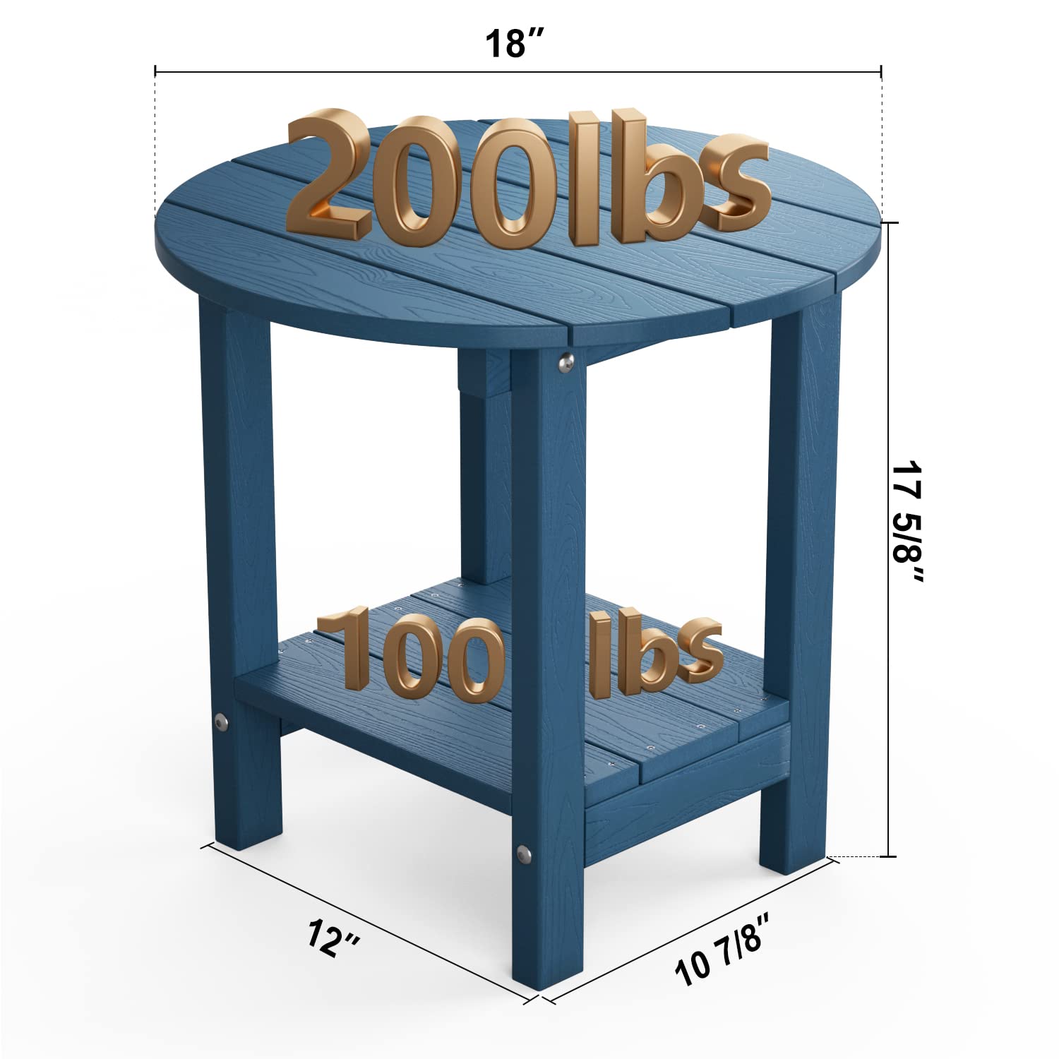 MXIMU 18-Inch Round Outdoor Side Table with Storage Shelf - 2-Tier Plastic Patio End Table for Balcony, Backyard, Lawn, Poolside & Deck - Navy Blue Adirondack Chairside Table (1 Pack)