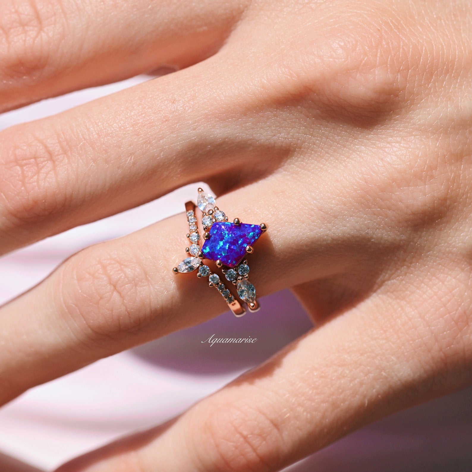 Skye Kite™ 14K Rose Gold Vermeil Lavender Fire Opal Ring Set for Women - Elegant Stackable Rings for Wedding, Anniversary & Everyday Jewelry Gifts