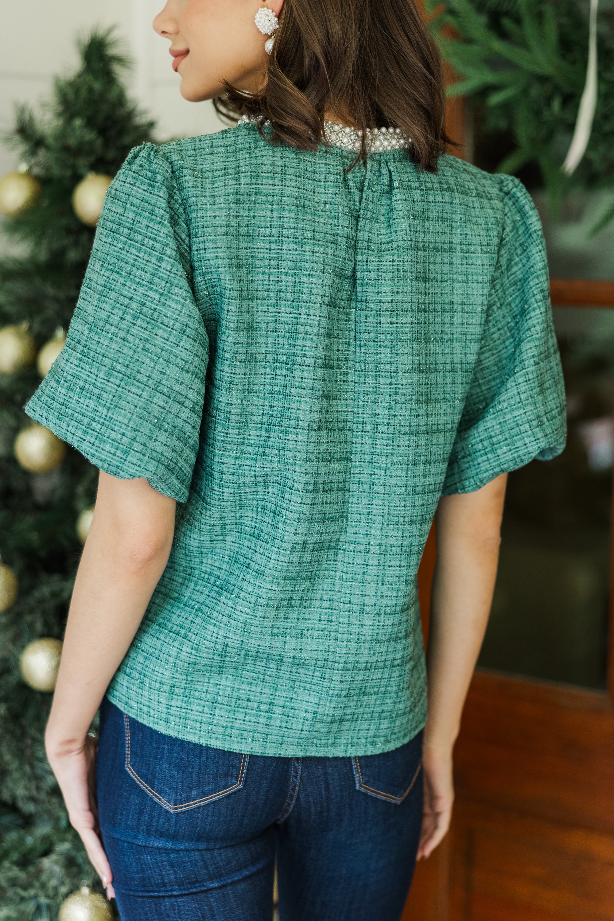 Stylish Green Tweed Blouse for Women - Elegant Office Wear & Casual Outfits - Perfect for Business Meetings and Weekend Brunch