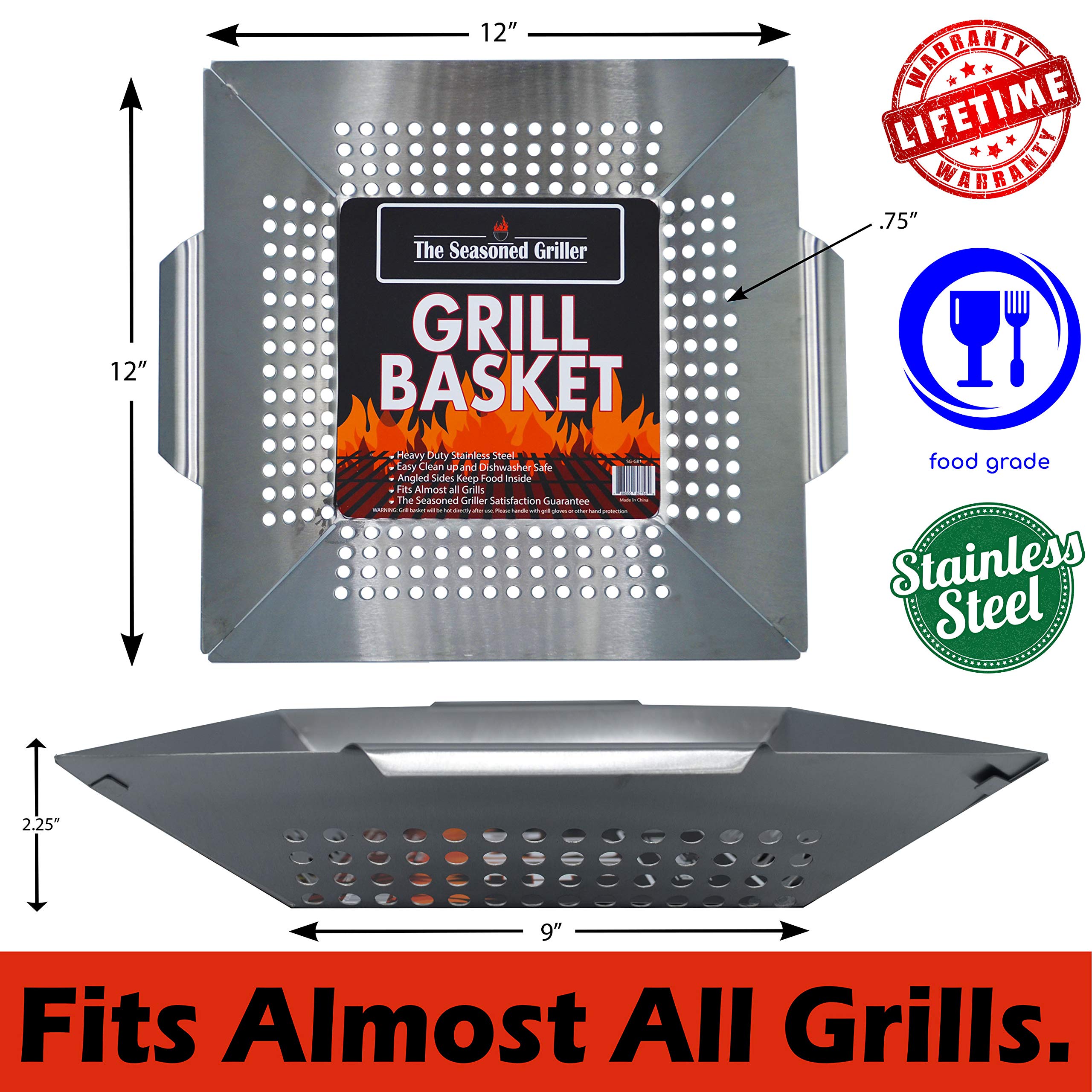 Premium Stainless Steel Grill Basket for BBQ - Heavy Duty Cooking Tool for Meats, Vegetables, Seafood & Pizza | Fits Gas & Charcoal Grills | Perfect Camping Cookware & Father's Day Gift for Outdoor Cooking Enthusiasts