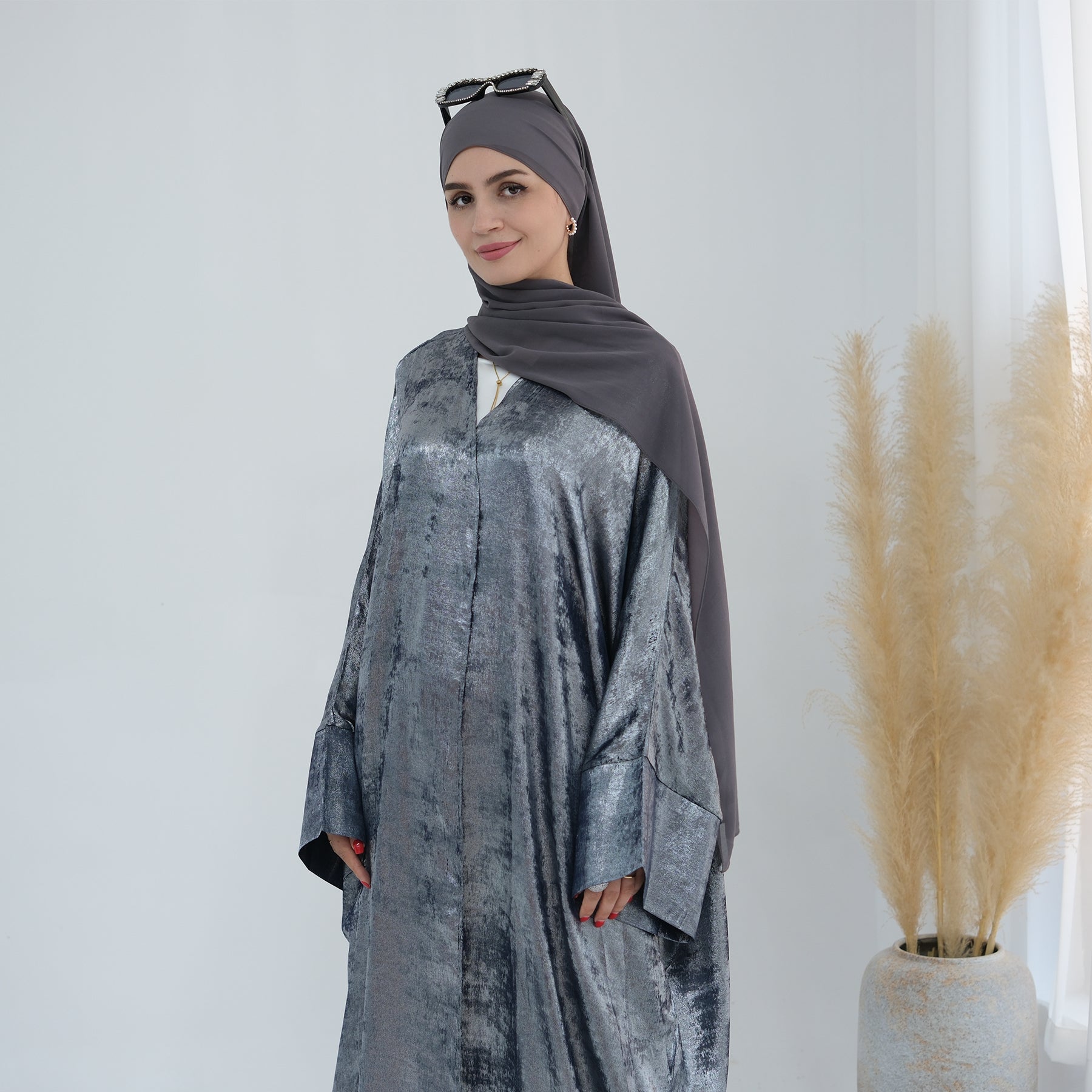 Draya Shimmer Kimono Open Abaya Silver - Elegant Muslim Women's Prayer Dress for Special Occasions & Evening Events