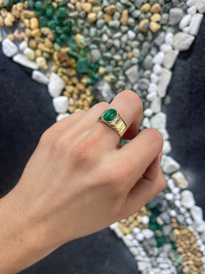 4.93tcw 14K Gold Natural Emerald Cabochon Oval Cut Diamond Accent Men's Ring for Wedding, Engagement & Gift - Handmade Jewelry for Him