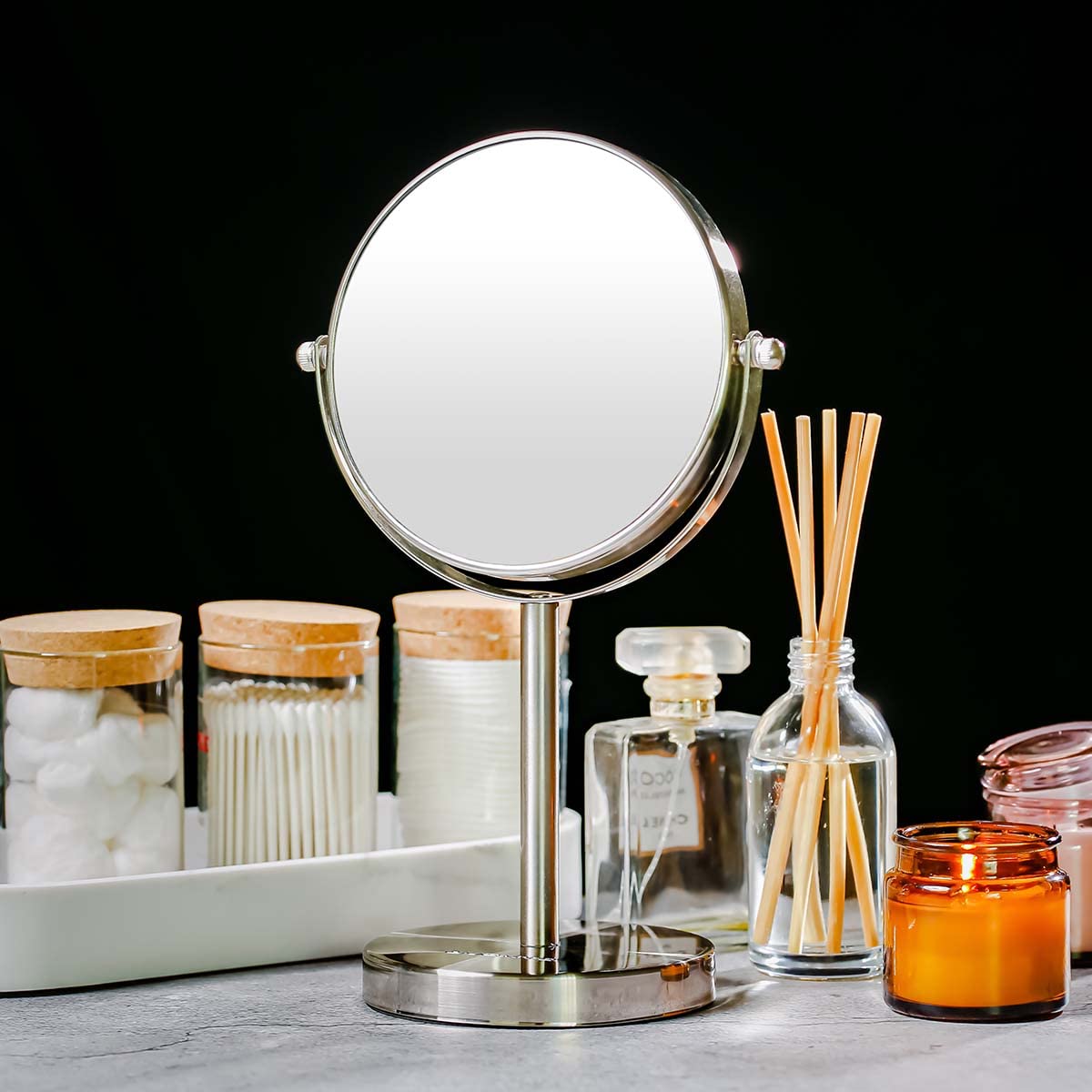 OVENTE 6-Inch Double-Sided Vanity Mirror with 1X/7X Magnification, 360° Swivel Stand - Brushed Nickel Makeup Mirror for Dresser, Bedroom & Office Desk | Perfect for Makeup Application, Skincare Routine & Grooming