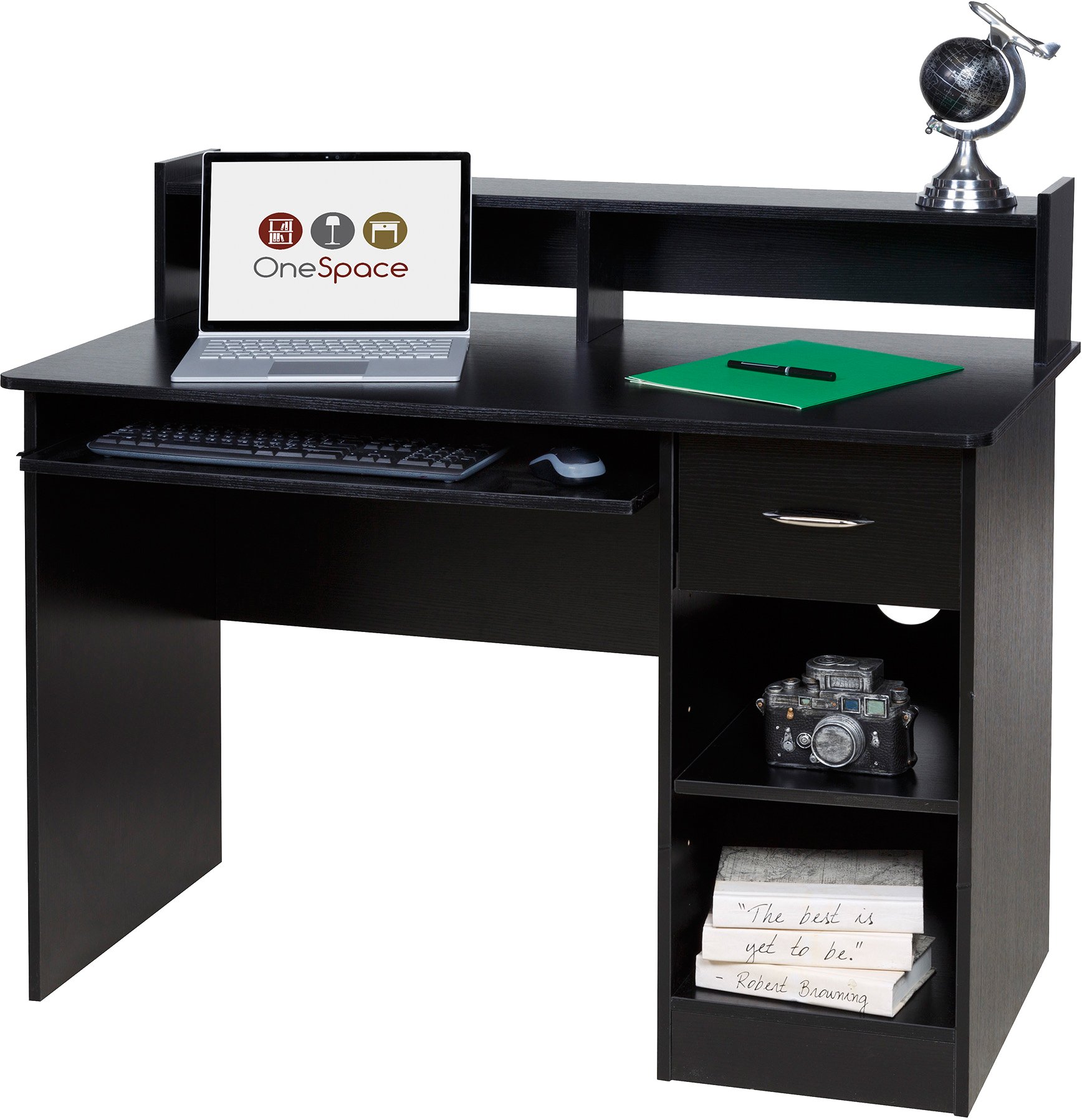OneSpace Essential Computer Desk with Hutch & Pull-Out Keyboard - Black | Home Office Desk for Work, Study & Gaming | Compact Writing Desk for Small Spaces