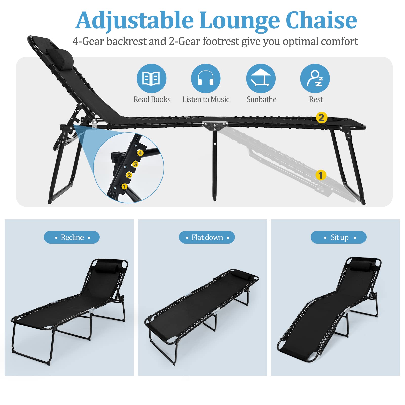 Gymax Outdoor Lounge Chair - Extra Tall Folding Beach Chair with 4-Position Adjustable Backrest, 2-Level Footrest & Removable Pillow - Perfect for Sunbathing, Poolside Relaxation, Patio & Lawn Use (Black)